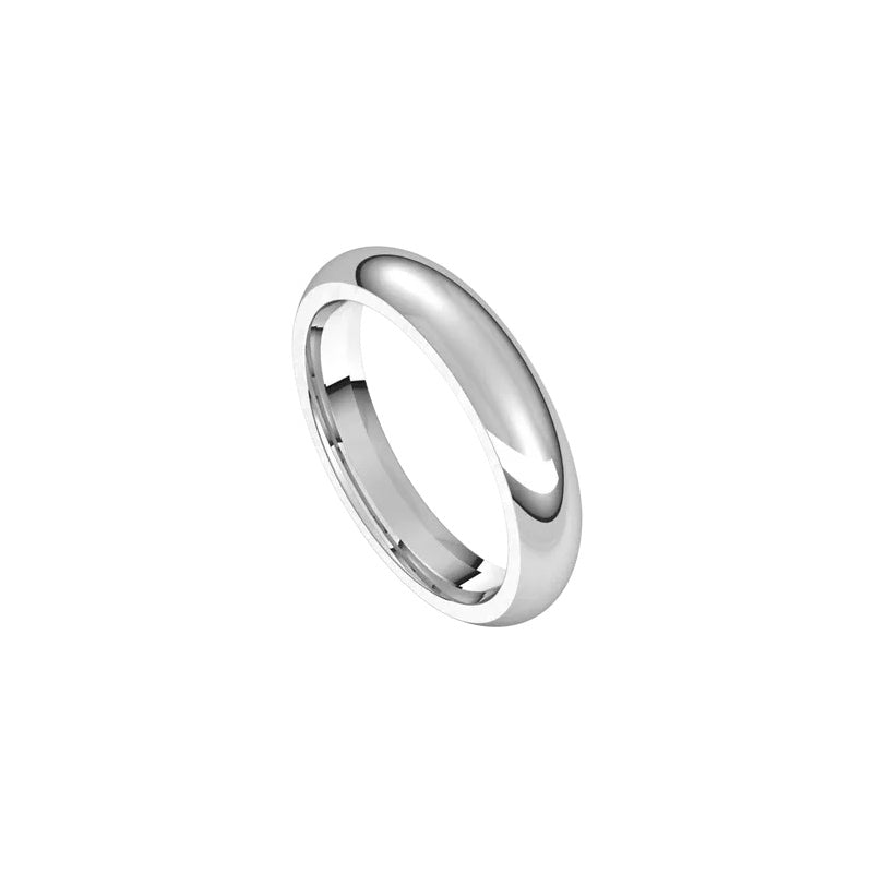 A 4mm Half Round Wedding Ring in polished silver appears against a plain white background, its smooth, reflective surface gleaming under the light.