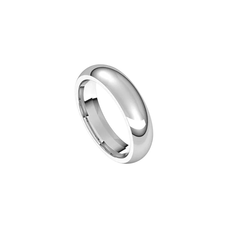 The 5mm Half Round Wedding Ring is a shiny silver band with a smooth, polished surface, featured against a white background.
