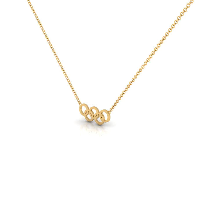 The Gold Rings Necklace by Janet Heller features three interlocking gold rings on a delicate chain, showcased against a white background—a timeless piece of custom jewelry.