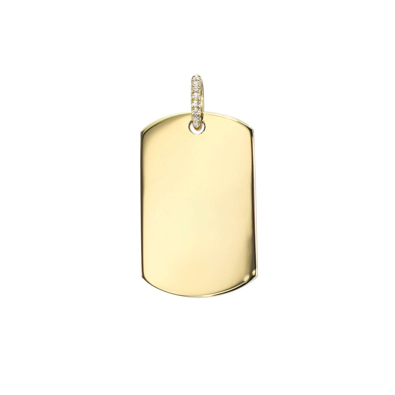 The "Test - Dog Tag Engravable Pendant Necklace" is a gold pendant with a polished surface and rounded corners, featuring a small loop at the top embellished with small gemstones, displayed against a plain white background.