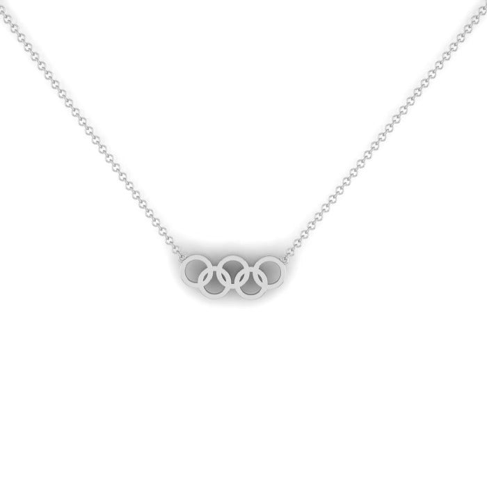 A Gold Rings Necklace by Janet Heller featuring a pendant with five interlocking rings, shown against a white background. This elegant piece is ideal for those seeking pre-order fine jewelry with an Olympic-inspired design.