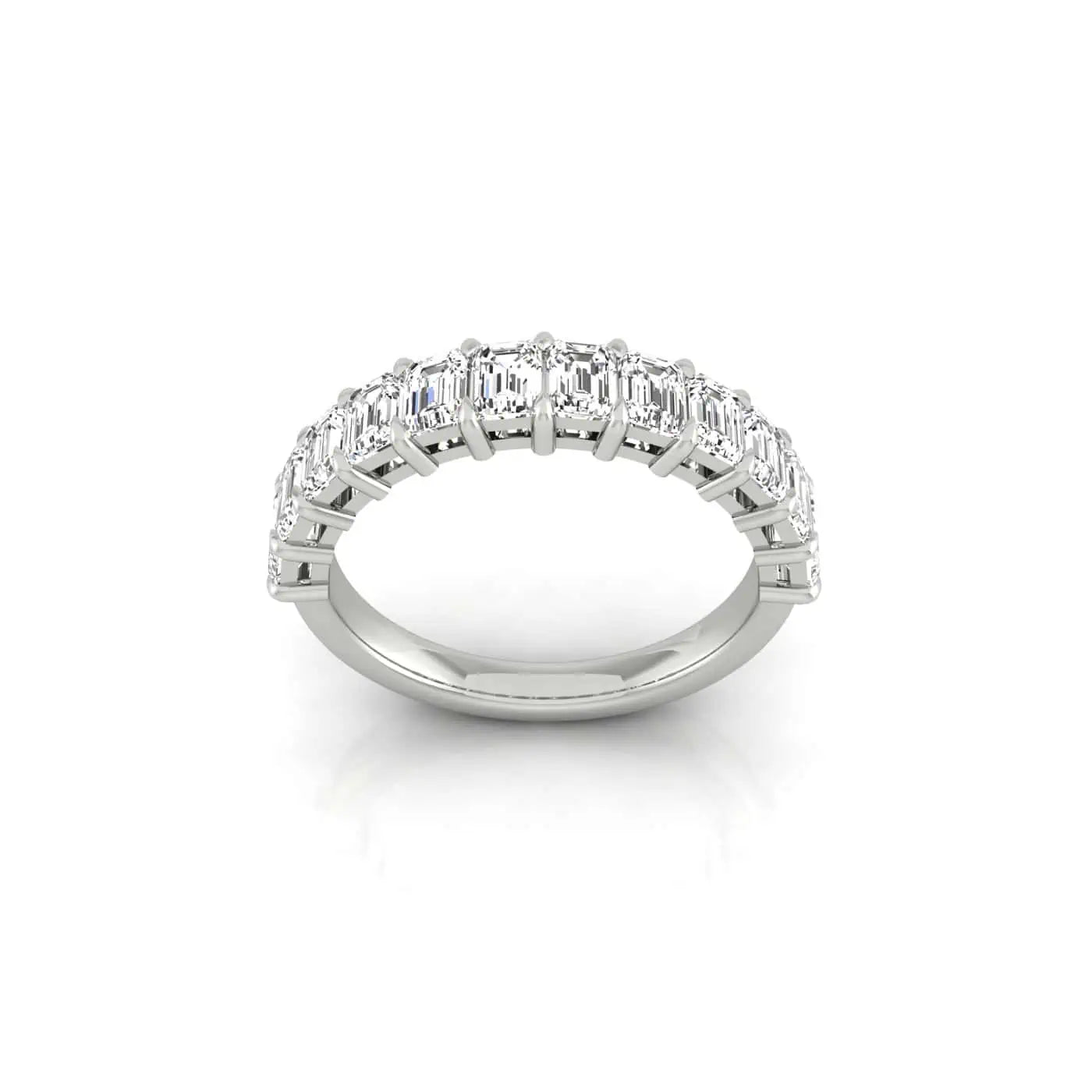 The Half Diamond Eternity Ring features a sleek silver band adorned with VS clarity large rectangular gemstones, creating a brilliant display against a plain white background.