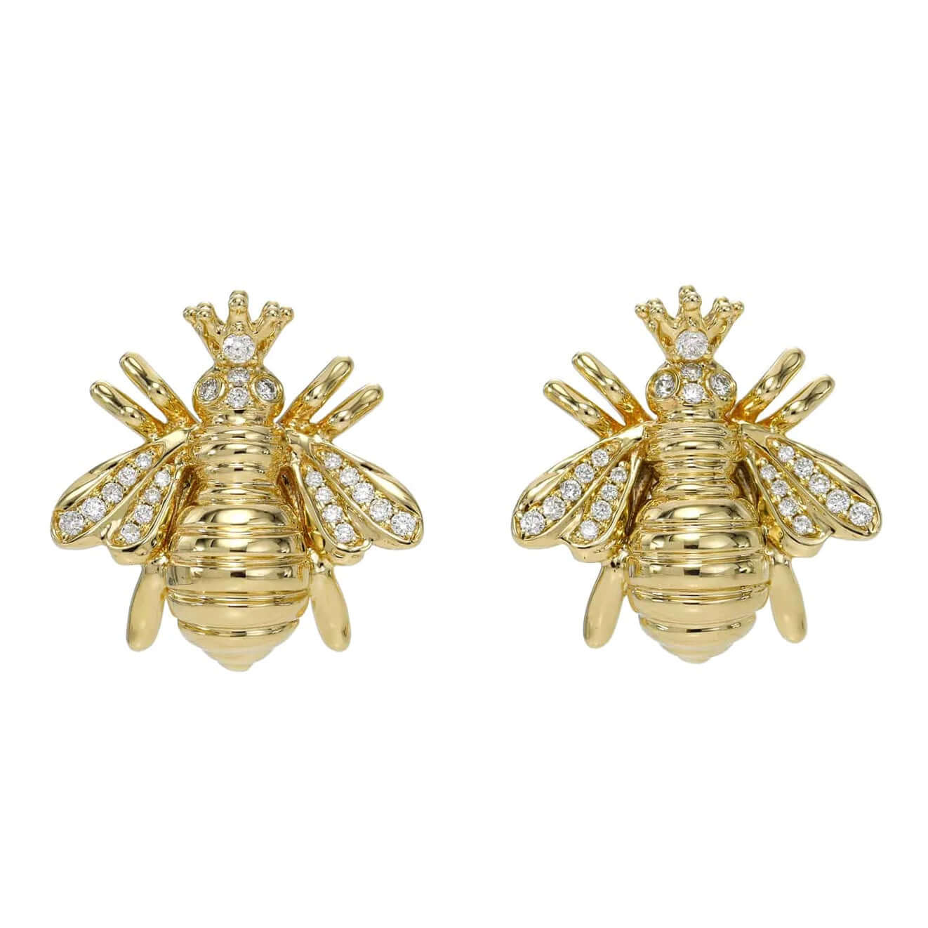 The Diamond Bee Studs from Janet Heller Fine Jewelry are crafted in 14KT gold. The studs feature gold bees adorned with diamonds. The earrings can be worn on their own or layered along the ear with other earrings.