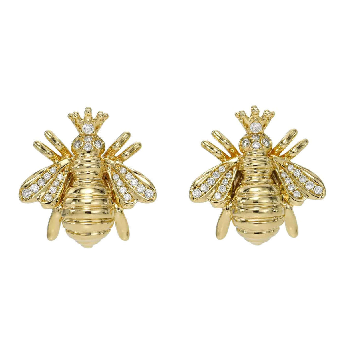 The Diamond Bee Studs from Janet Heller Fine Jewelry are crafted in 14KT gold. The studs feature gold bees adorned with diamonds. The earrings can be worn on their own or layered along the ear with other earrings.