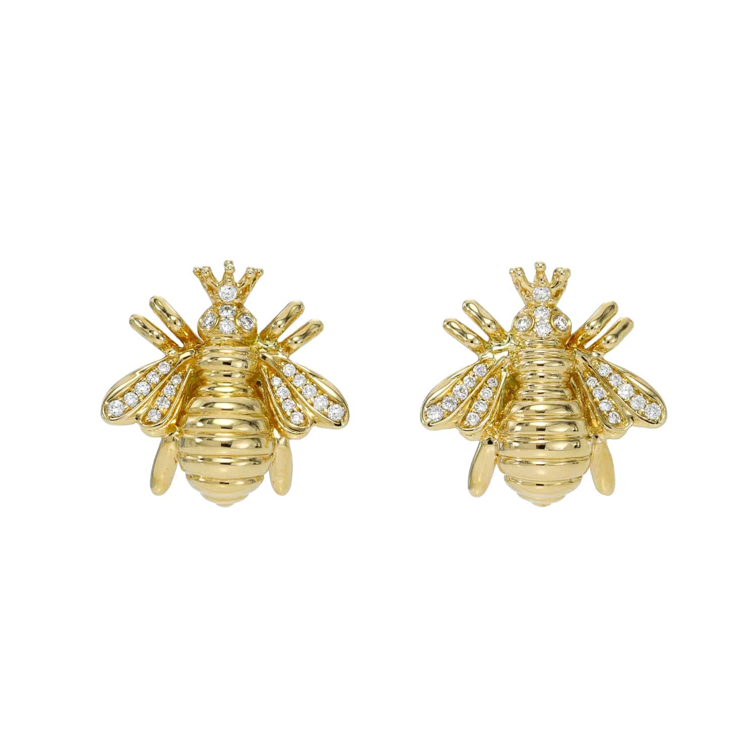 The Diamond Bee Studs from Janet Heller Fine Jewelry are crafted in 14KT gold. The studs feature gold bees adorned with diamonds. The earrings can be worn on their own or layered along the ear with other earrings.