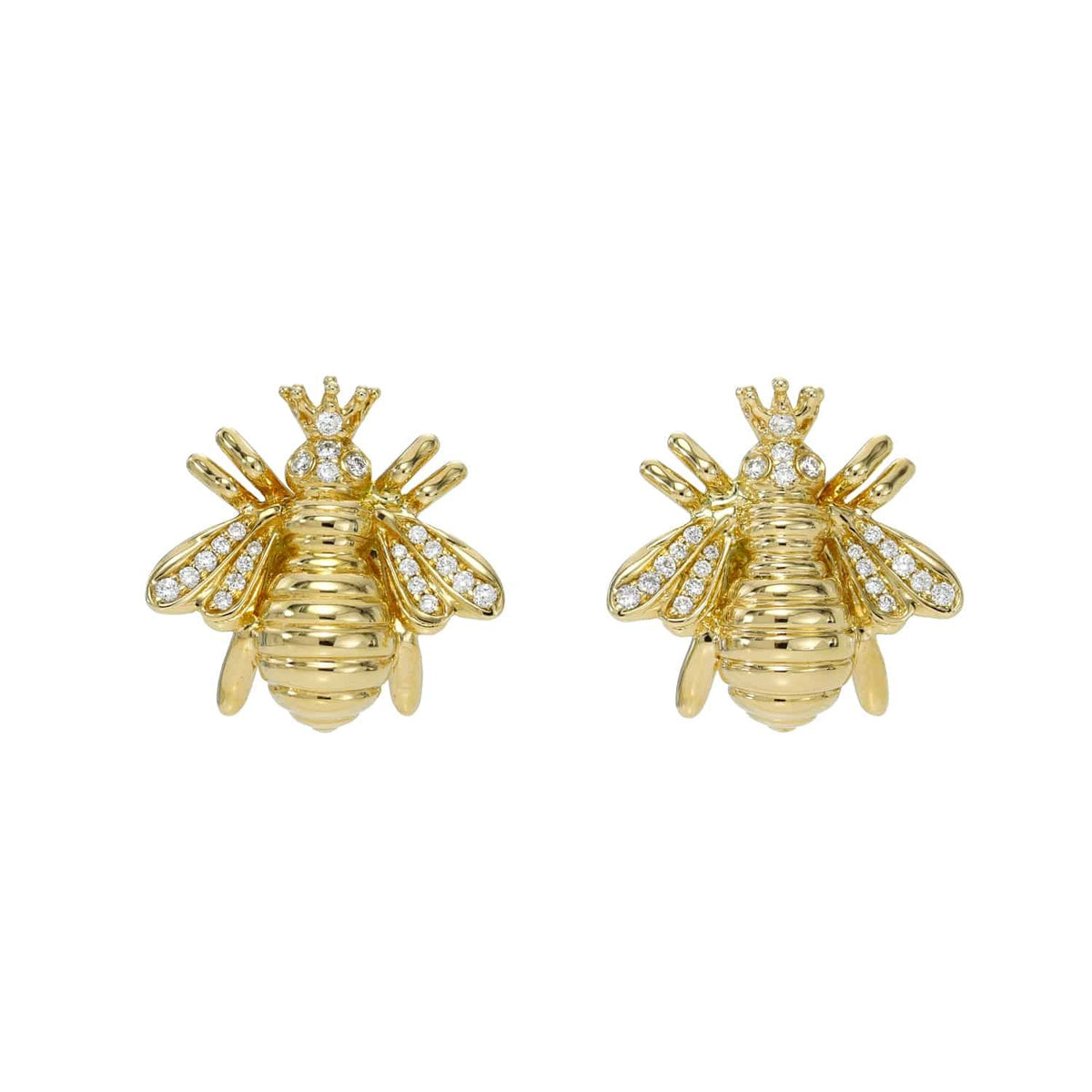 The Diamond Bee Studs from Janet Heller Fine Jewelry are crafted in 14KT gold. The studs feature gold bees adorned with diamonds. The earrings can be worn on their own or layered along the ear with other earrings.