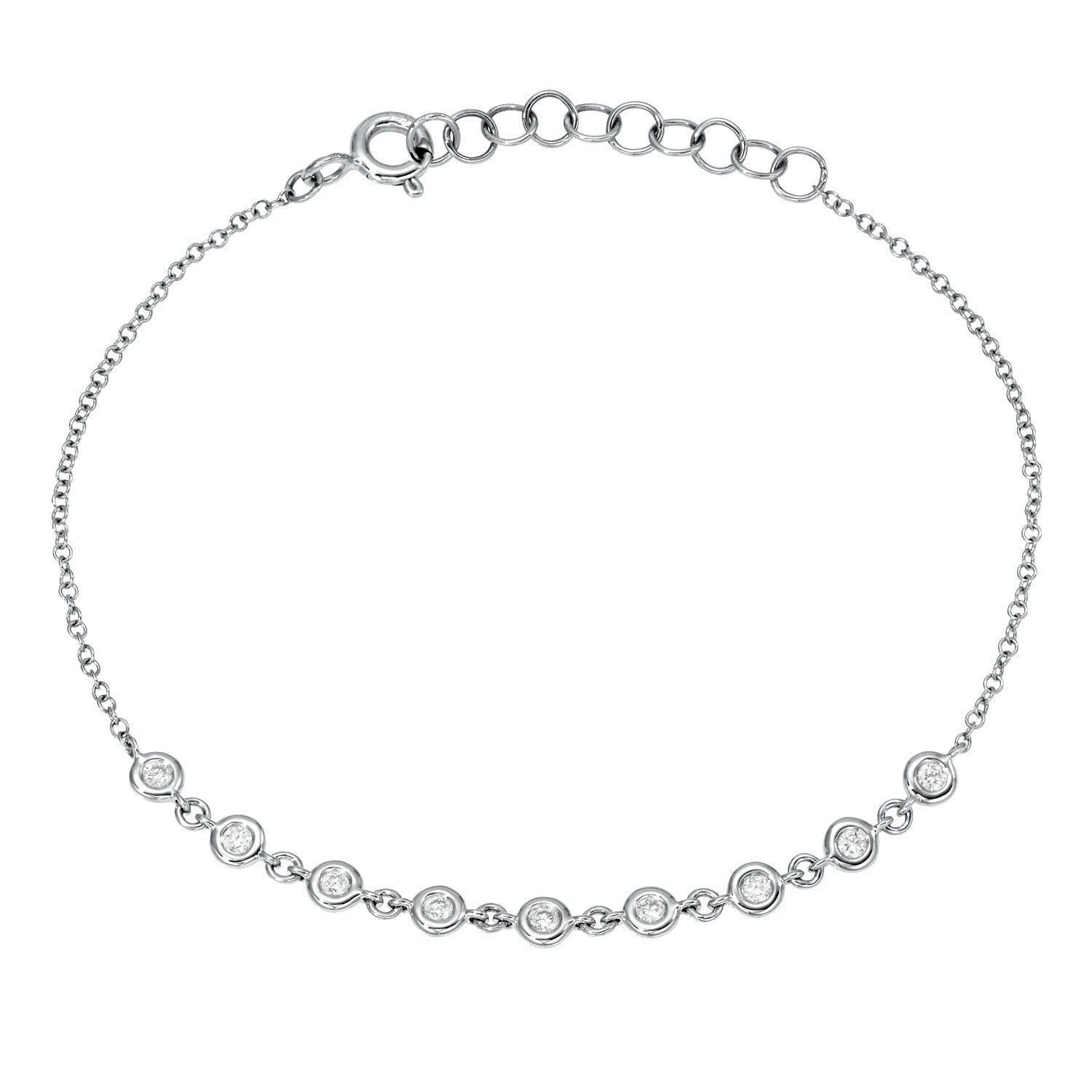9 Diamond Bezel Set Bracelet: This elegant piece by Janet Heller Fine Jewelry features a delicate silver chain with an adjustable clasp, adorned along the front with nine evenly spaced round clear diamonds in classic bezel settings—reminiscent of a timeless diamond bracelet.