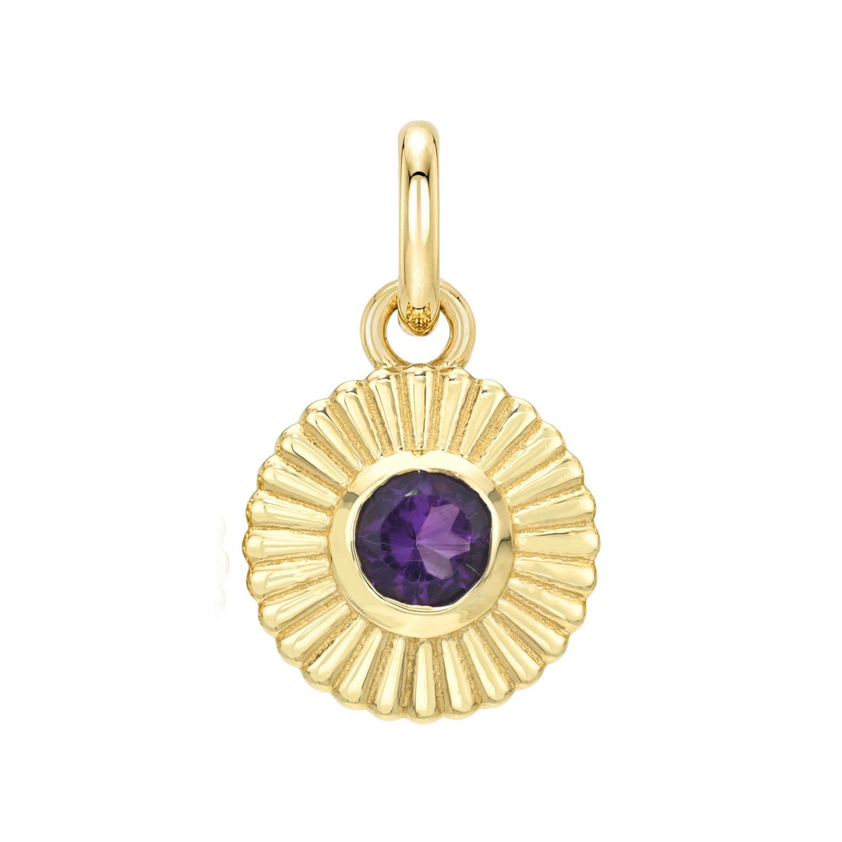 Birthstone Charms gold circular pendant featuring a sunburst design with a round, deep purple birthstone at the center.