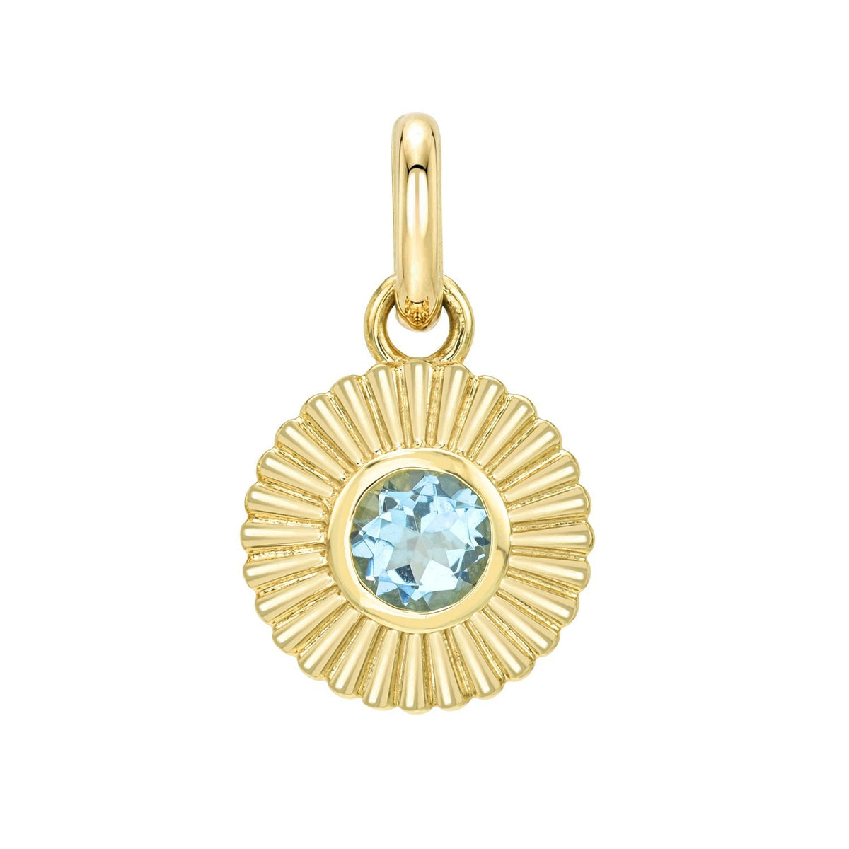 Gold Birthstone Charms sunburst charm featuring a round, light blue birthstone in the center and a small jump ring at the top.
