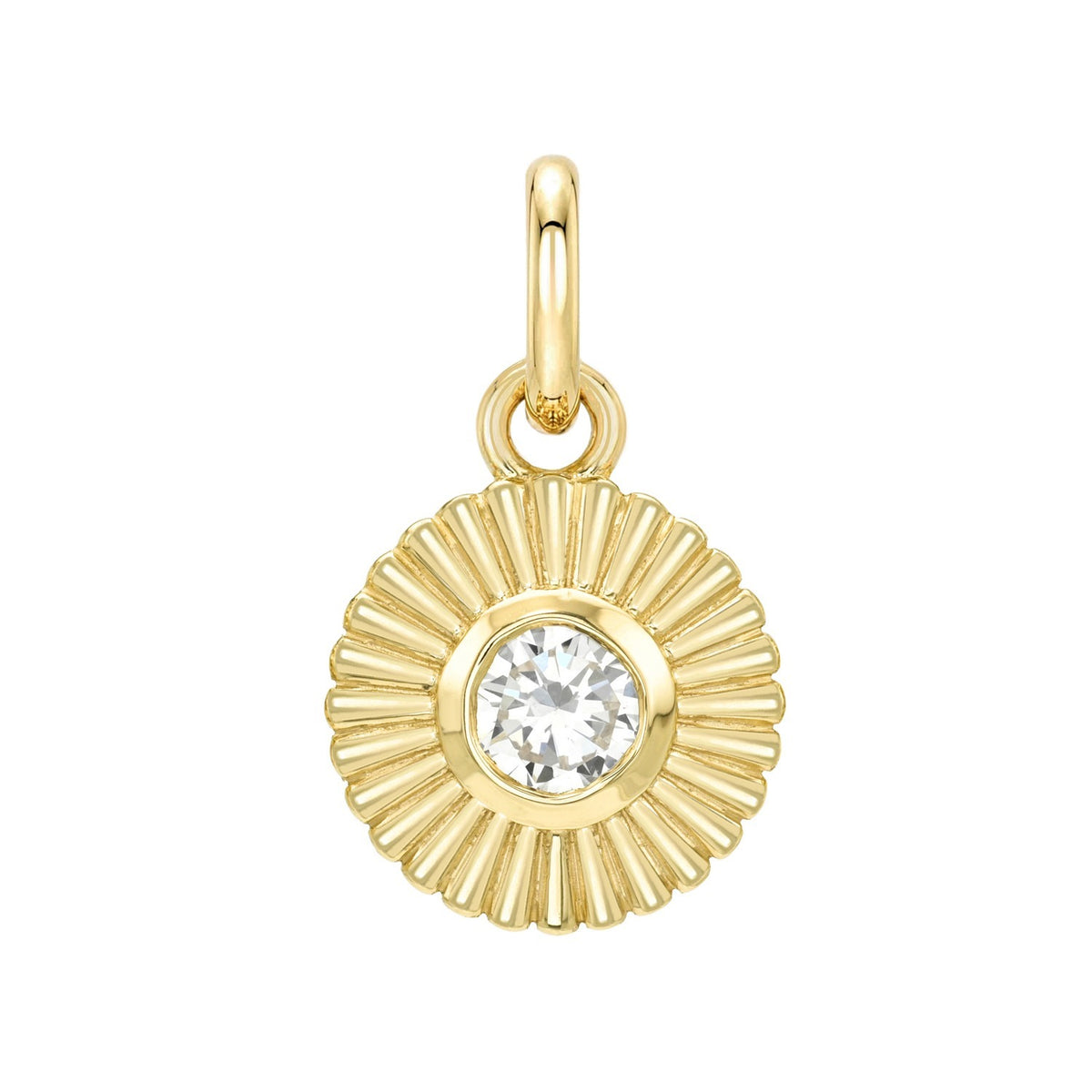Gold Birthstone Charms featuring a clear round gemstone set in a sunburst-textured disc with a jump ring.