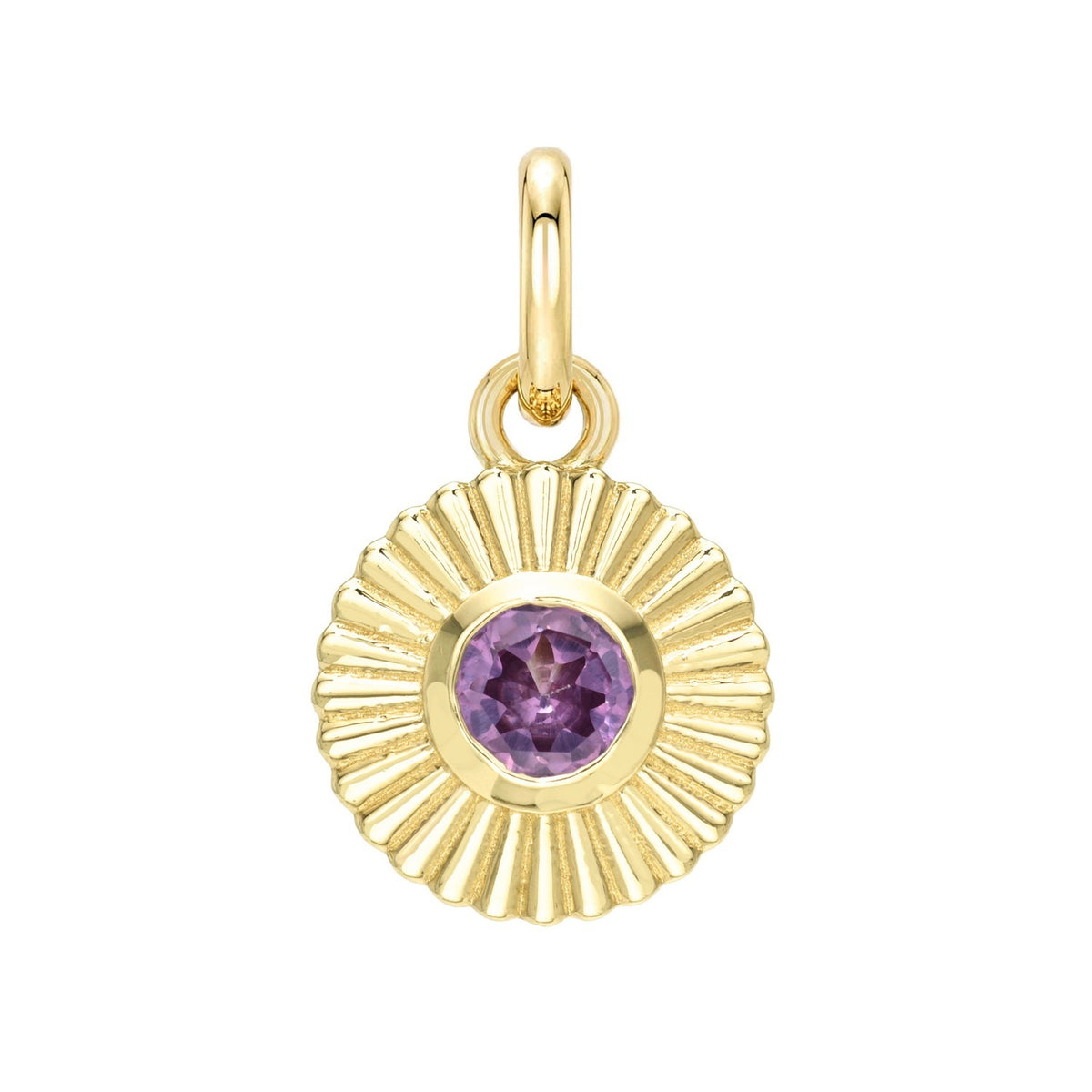 Round gold Birthstone Charms charm with a scalloped edge and a central purple gemstone.