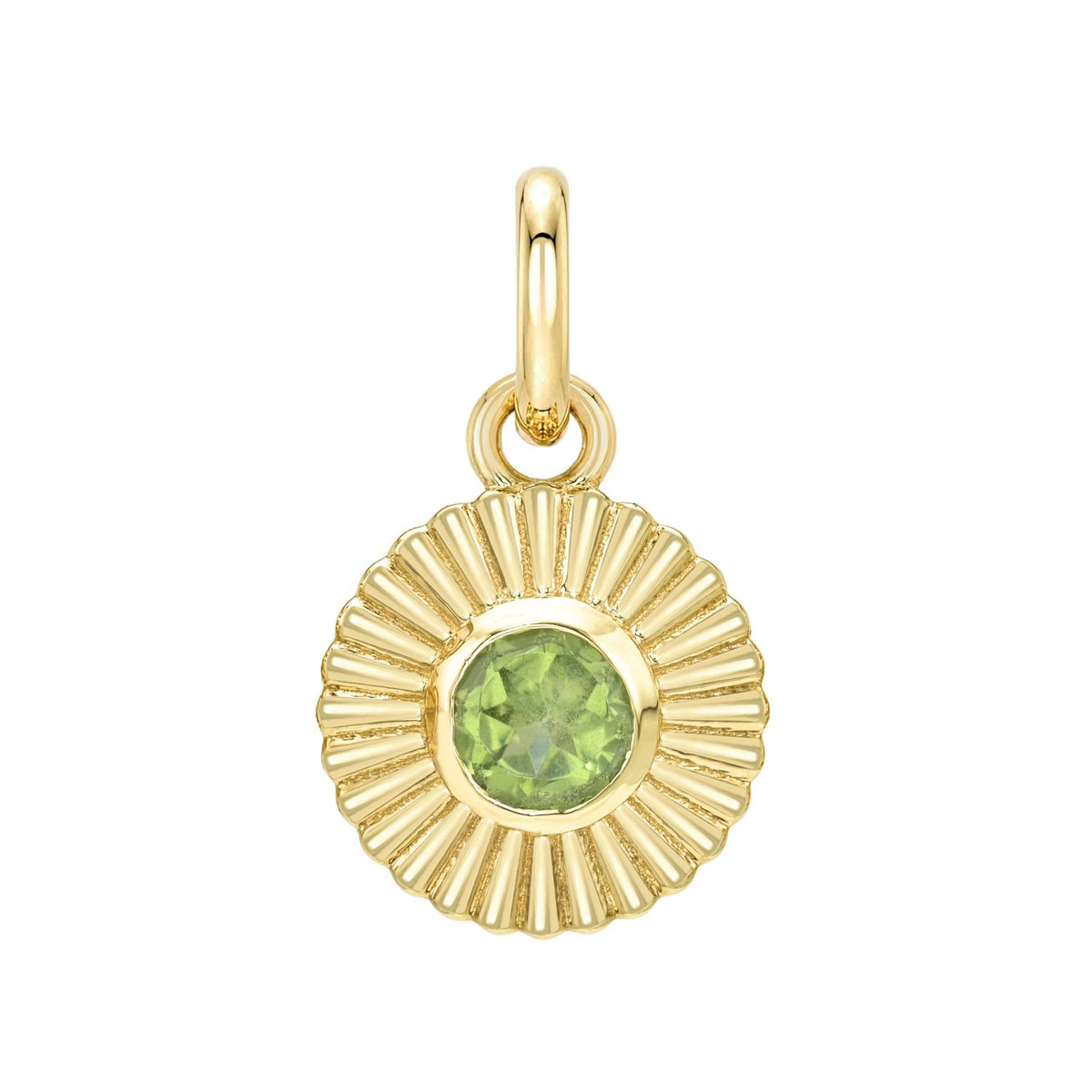 Gold circular Birthstone Charms pendant featuring a sunburst design and a central green charm.