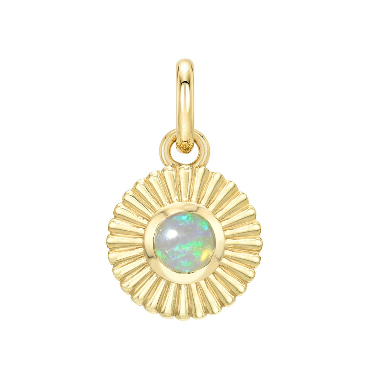 Gold sunburst Birthstone Charms featuring a round iridescent stone center and a circular bail.