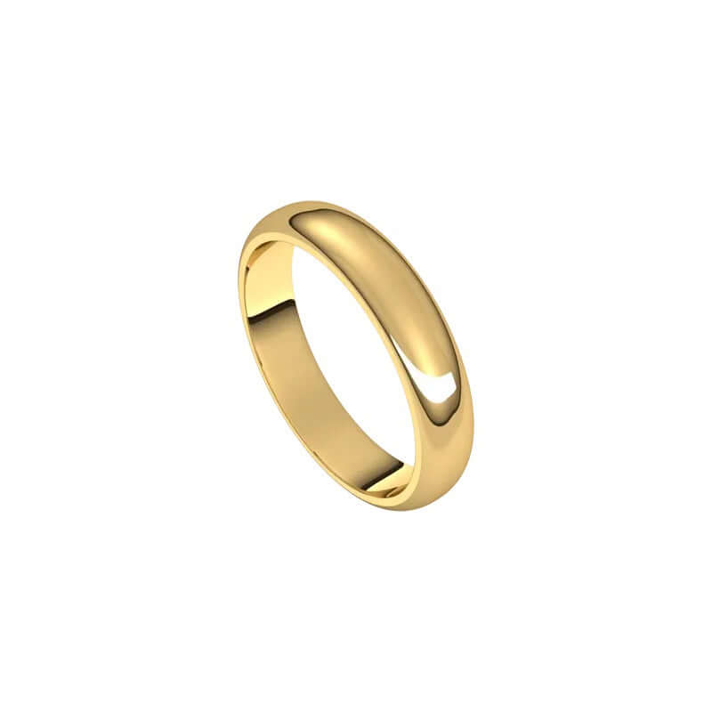 A 4mm Half Round Wedding Ring with a smooth, polished, shiny gold exterior displayed on a plain white background, featuring a classic and elegant design without embellishments.