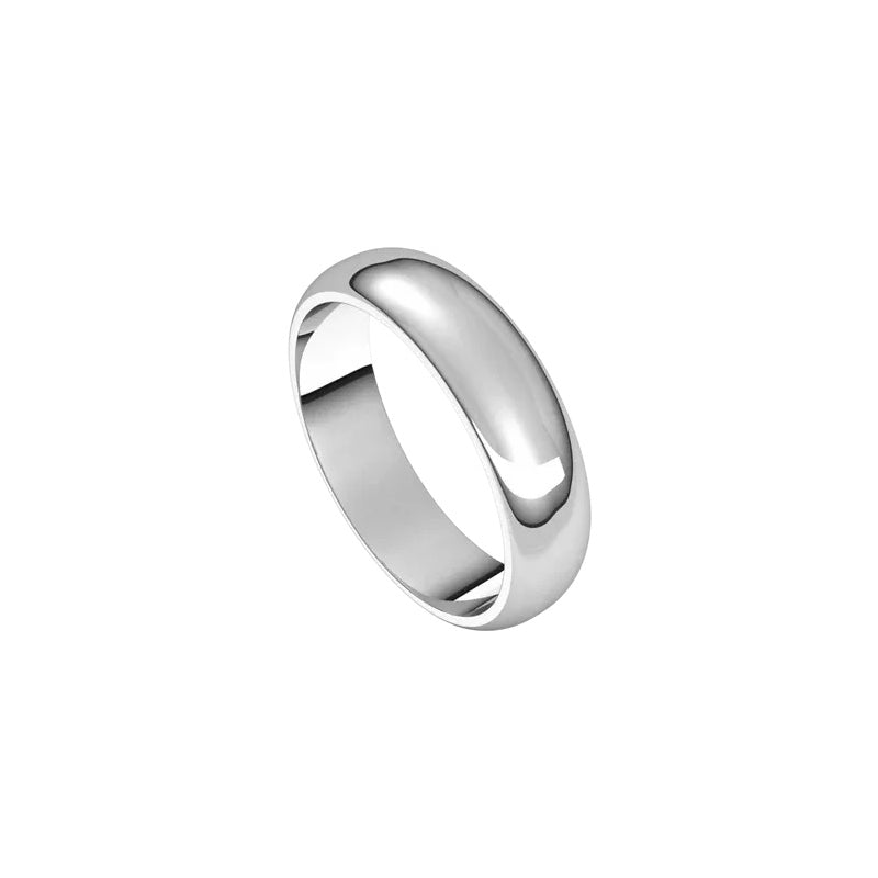 A 5mm Half Round Wedding Ring with a smooth, polished finish in shiny silver is showcased against a plain white background.