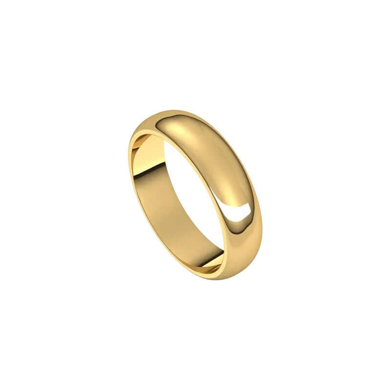The 5mm Half Round Wedding Ring boasts a shiny gold band with a smooth, polished surface and classic design, emphasizing its reflective quality against a white background.