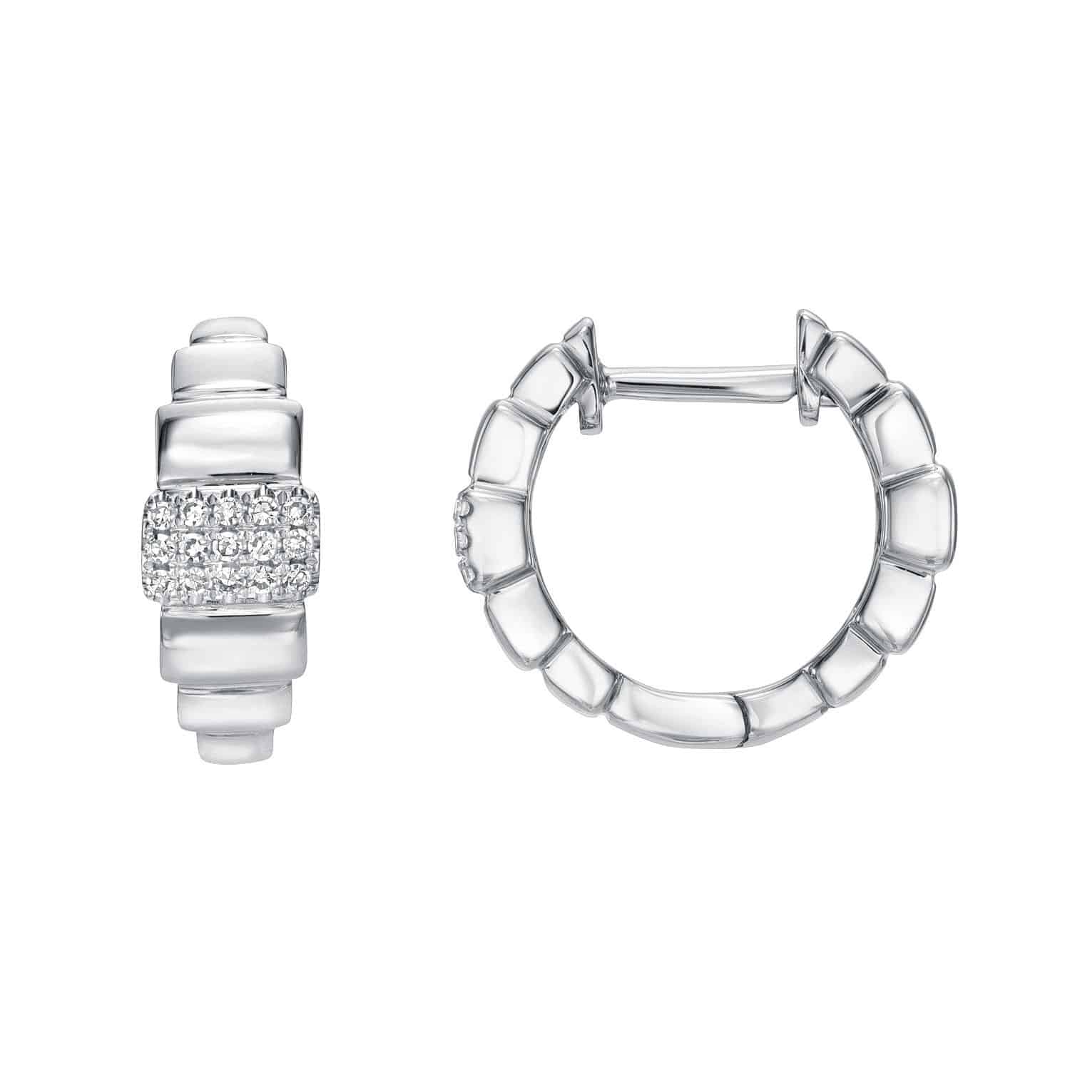 The Rectangular Cascade Huggies by Janet Heller Fine Jewelry are sleek and modern silver hoop earrings with a layered design. A central band of small, sparkling diamonds adorns the front, while the elegant closure mechanism is showcased at the back.