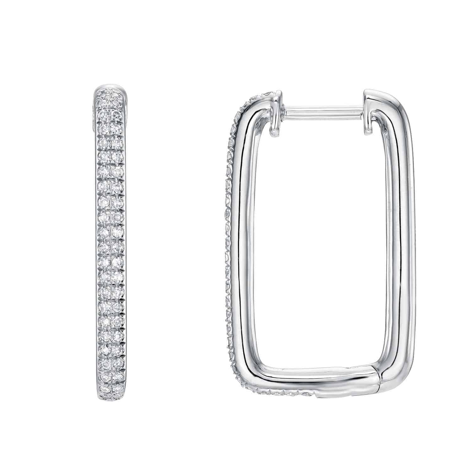 The Double Row Rectangular Diamond Hoops from Janet Heller Fine Jewelry exemplify timeless elegance. The left earring is viewed from the side, featuring a row of embedded diamonds, while the right earring is open, showcasing a diamond-embellished outer edge.