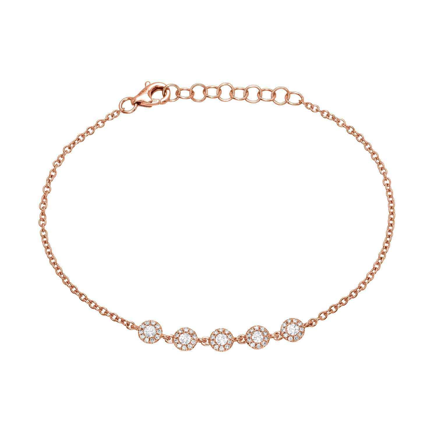 Introducing the 5 Bezel Diamond Bracelet from Janet Heller Fine Jewelry—a refined rose gold bracelet featuring five round, bezel-set diamonds spaced evenly along the chain and finished with an adjustable clasp for a perfect fit. This timeless piece exudes delicate elegance and modern sophistication.