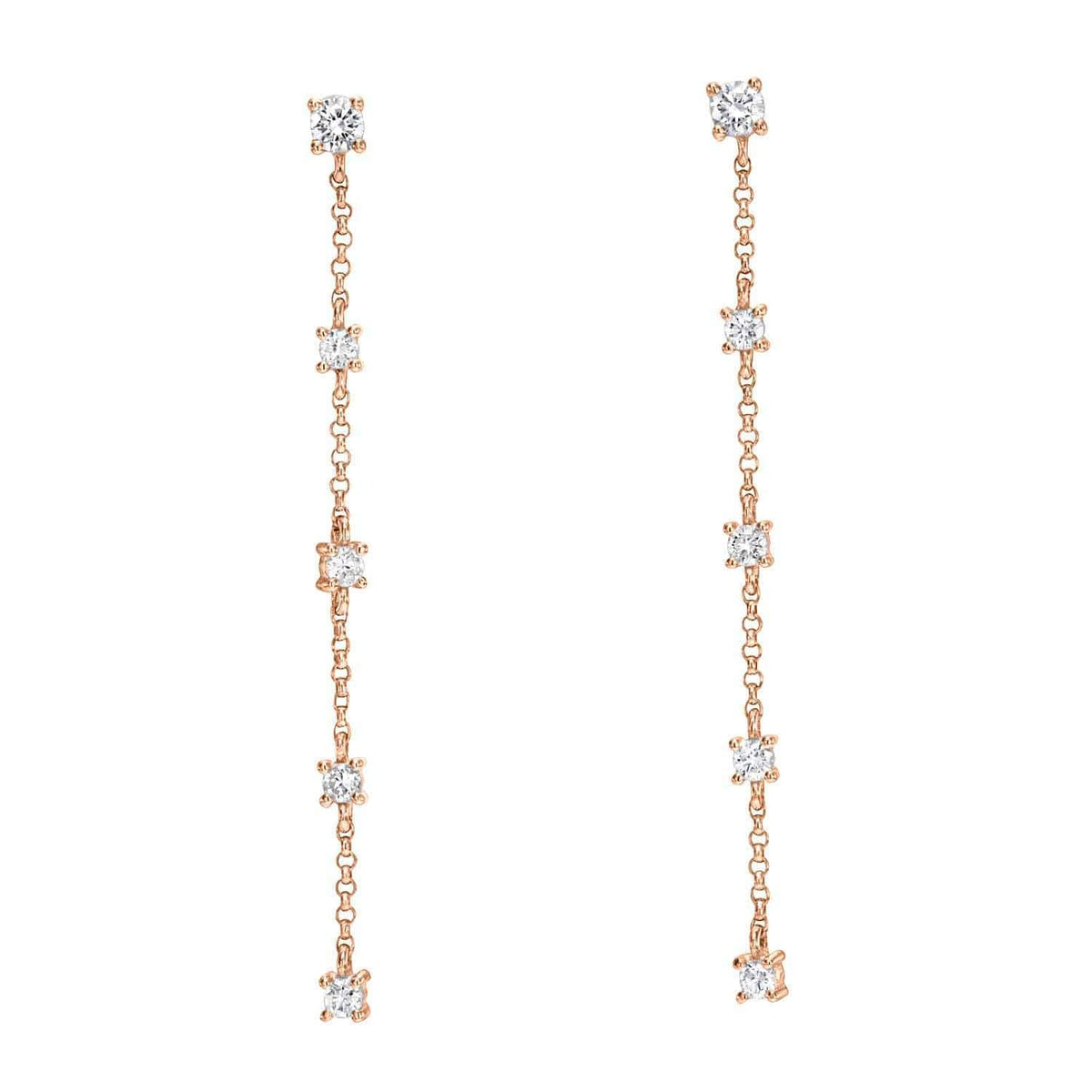 Discover the 5 Drop Diamond Finley Earrings—a pair of long, delicate gold chain drop earrings adorned with evenly spaced round white diamonds along the length, designed for pierced ears. These earrings showcase a simple, elegant, and minimalist style, making them a staple of fine jewelry.