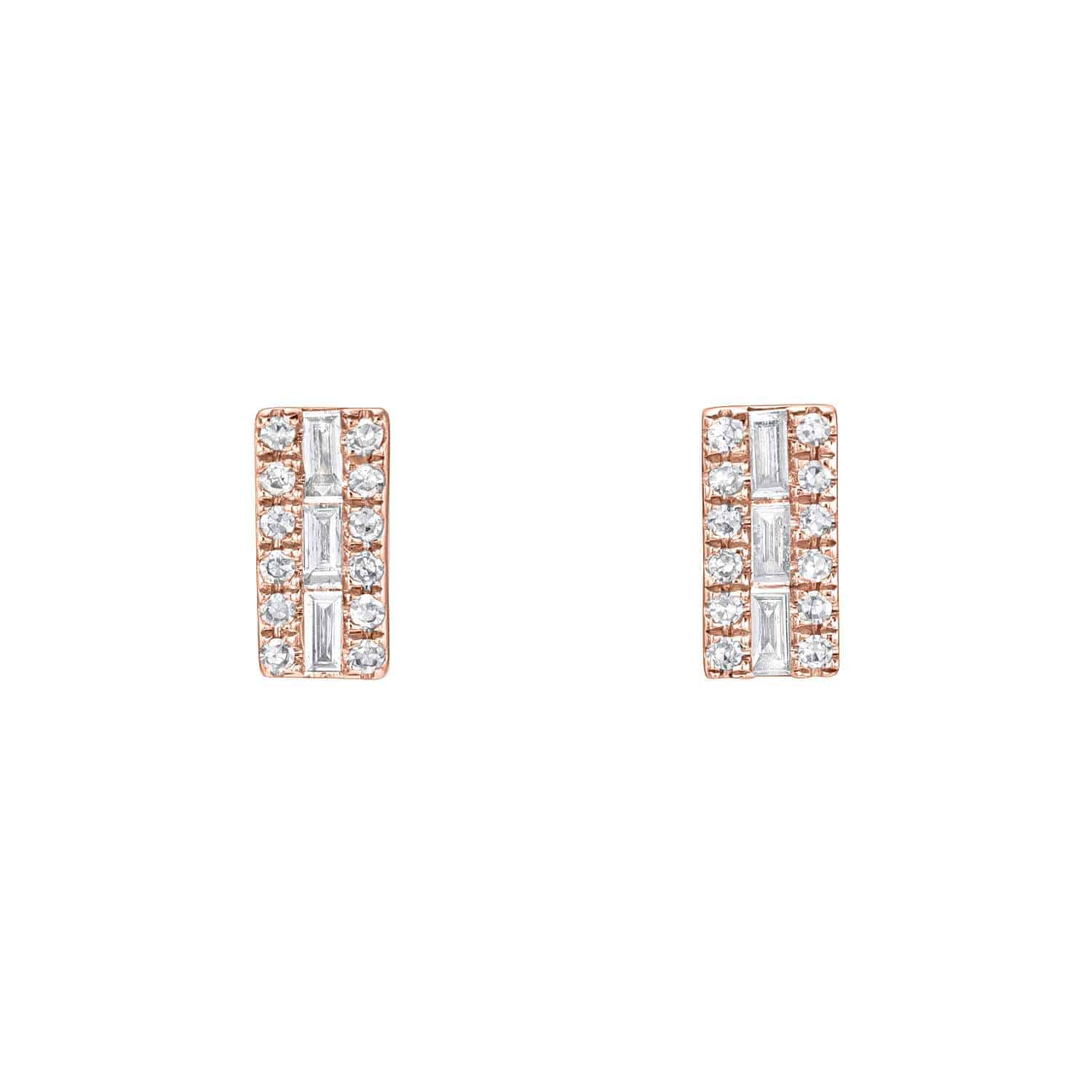 A pair of Baguette Diamond Rectangle Studs, featuring rows of round and baguette-cut clear stones set in a rose gold setting, displayed on a plain white background. For jewelry inquiries or to explore custom jewelry options, discover the elegance of Janet Heller Fine Jewelry.