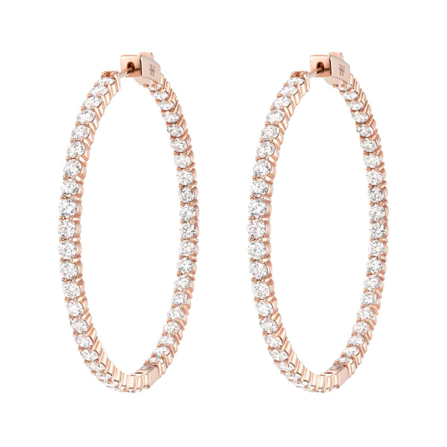 Diamond Aspen Hoops in rose gold, featuring sparkling round white diamonds set along the outer edge, displayed against a white background.
