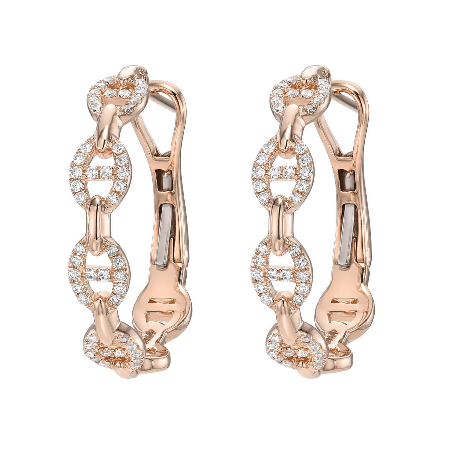 Introducing the Diamond Matilda Hoops by Janet Heller Fine Jewelry—rose gold hoop earrings featuring interlocking oval links, each adorned with sparkling clear diamond accents. These elegant hoops are thoughtfully designed with a hinged clasp for secure fastening.