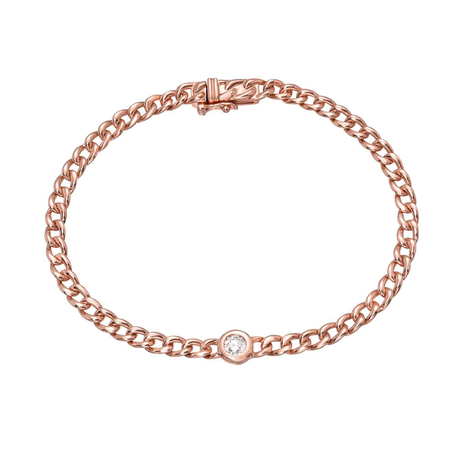 The Diamond Noelle Bracelet features a sleek rose gold chain adorned with a single round clear gemstone at its center and a secure clasp, showcasing Janet Heller Fine Jewelry’s dedication to timeless fine jewelry design.