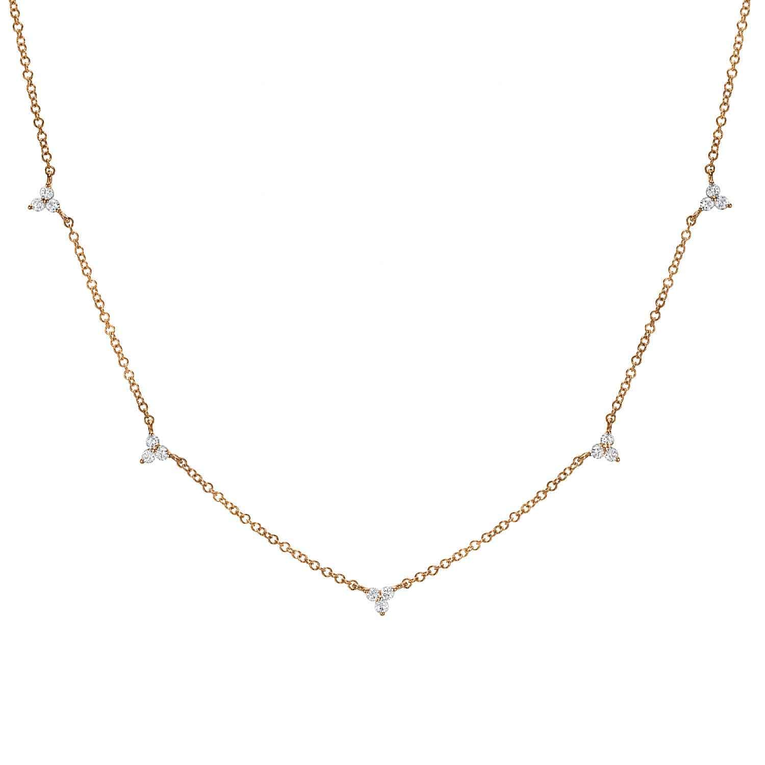 Here's the rewritten sentence using your product data: The Diamond Penelope Necklace from Janet Heller Fine Jewelry is a delicate gold chain adorned with five evenly spaced triangular clusters of small sparkling diamonds—a stunning fine jewelry piece, perfect for any occasion. Priced at $620 (SKU: NEC-332-R).