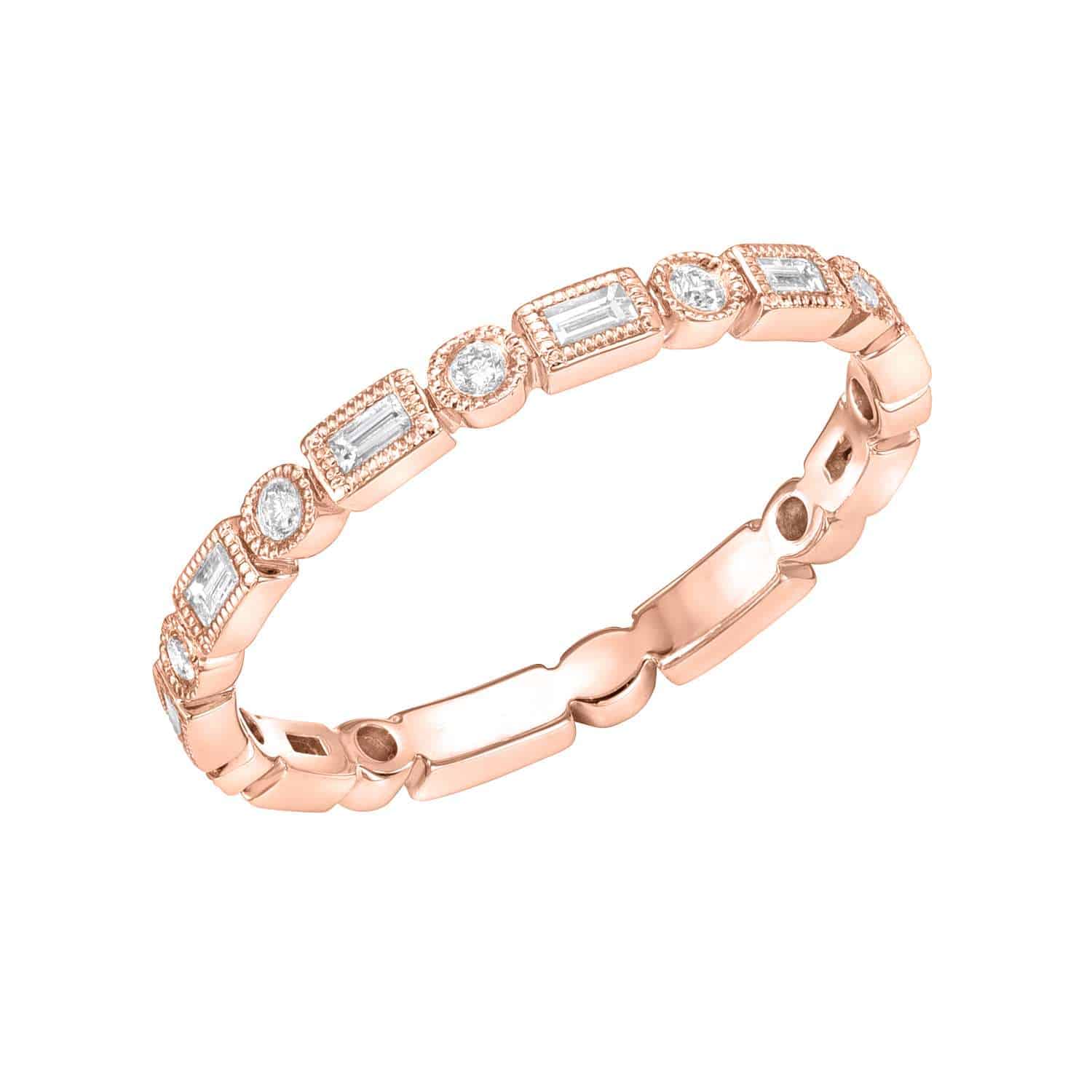 Introducing the Diamond Shapes Ring from Janet Heller Fine Jewelry—a rose gold band featuring alternating round and rectangular clear gemstones in a delicate, segmented design. Priced at $573.00 (SKU: RIN-119-5-R). Please specify your preferred ring size when placing a preorder ring request.