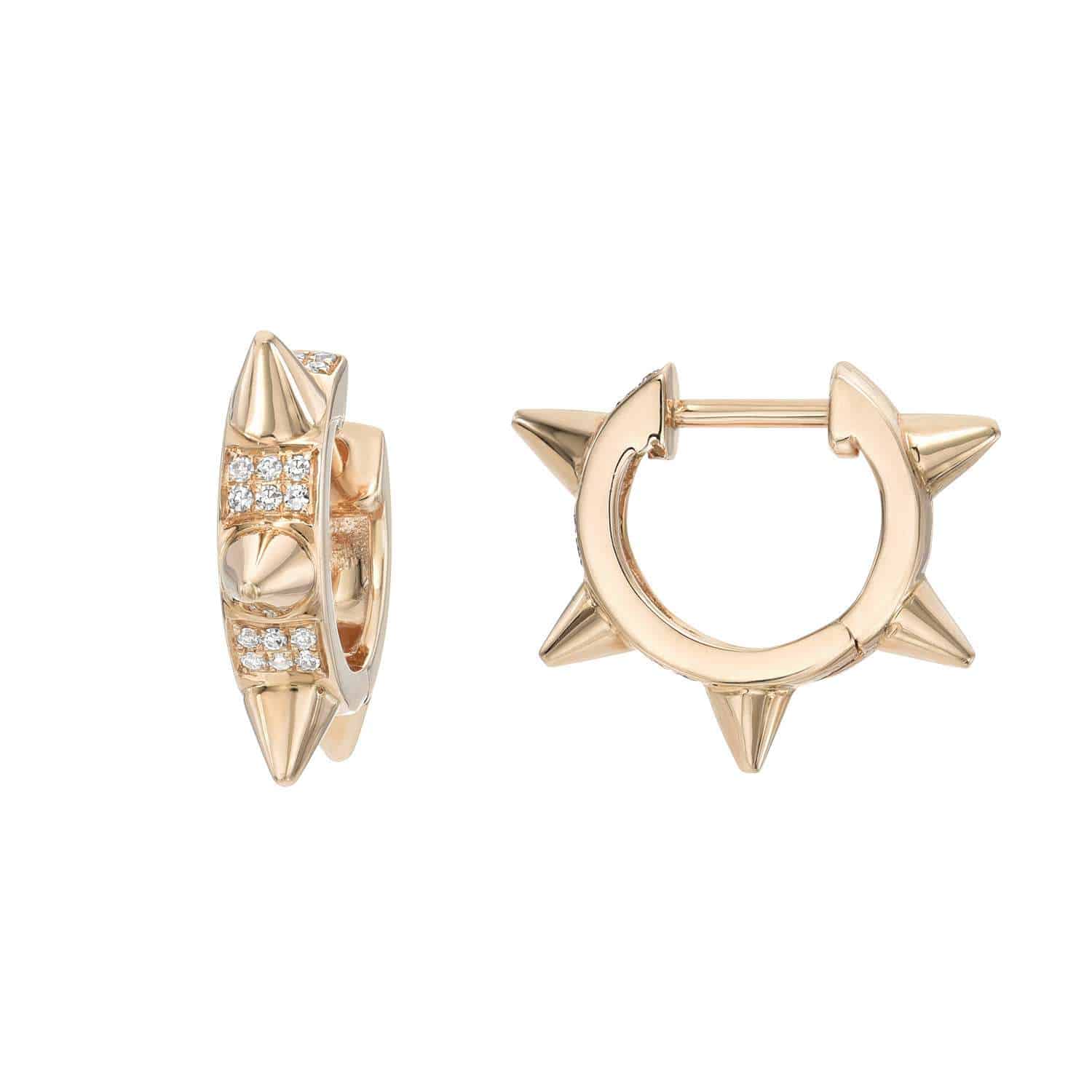 Diamond Spike Huggies by Janet Heller Fine Jewelry: expertly crafted gold hoop earrings, each featuring three evenly spaced spikes. One earring is accented with small diamonds set between the spikes. Shown from both front and side views.