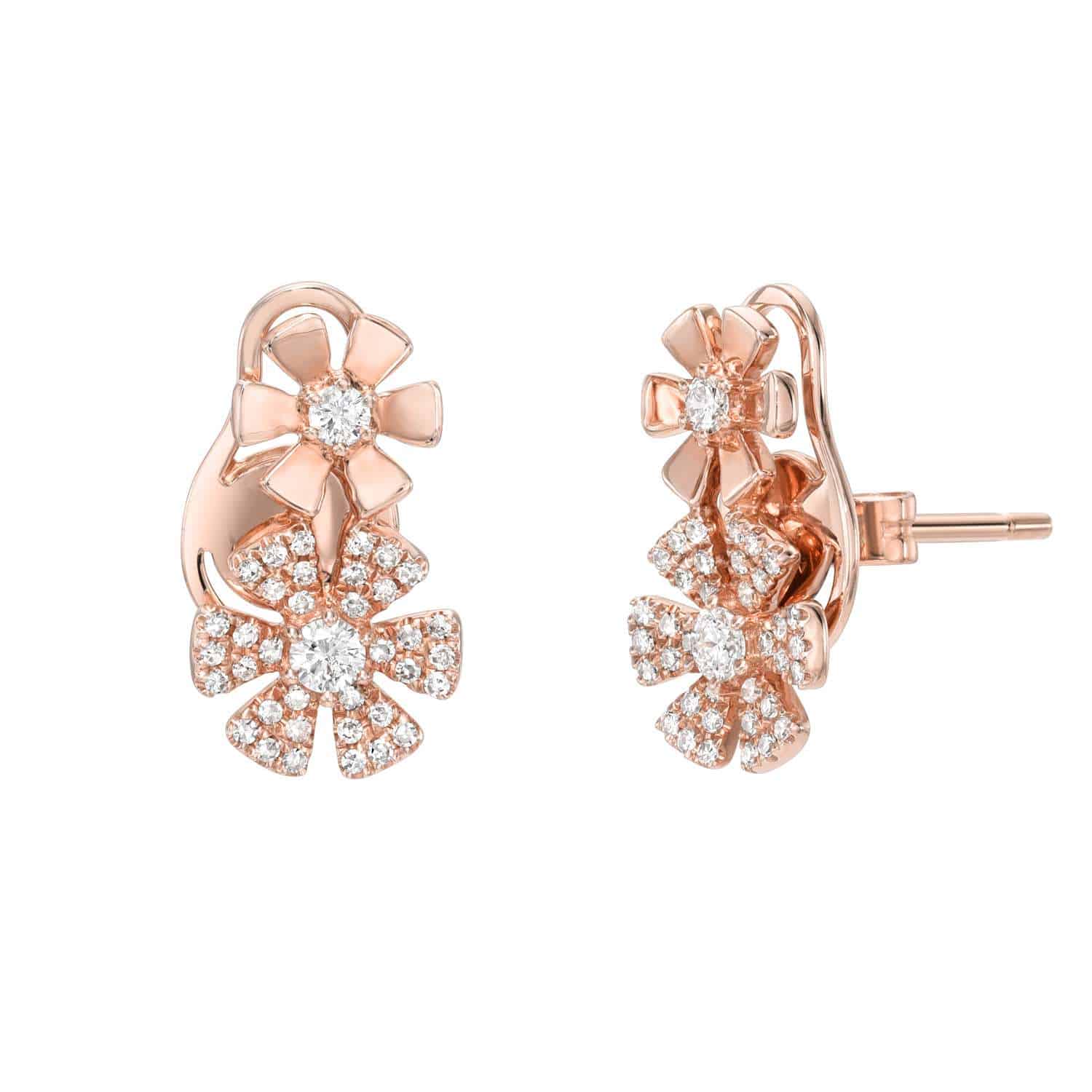 Introducing the Double Diamond Flower Earrings—exquisite rose gold earrings featuring two flower motifs on each stud, one larger than the other, both elegantly encrusted with sparkling diamonds. Crafted by Janet Heller Fine Jewelry, these earrings showcase a gleaming finish and secure stud backing, embodying timeless elegance and expert craftsmanship.