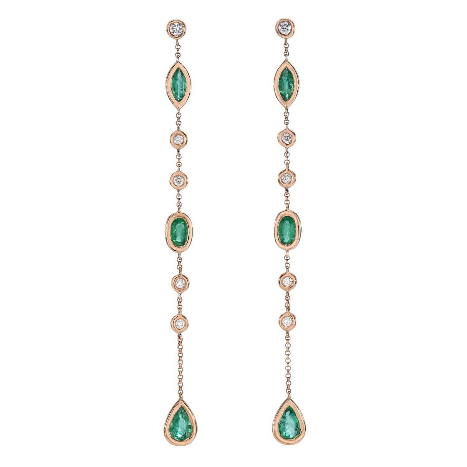 Emerald & Diamond Dangle Earrings featuring alternating round diamonds and oval or teardrop-shaped green emeralds, each delicately linked by gold chains and showcased against a white background.