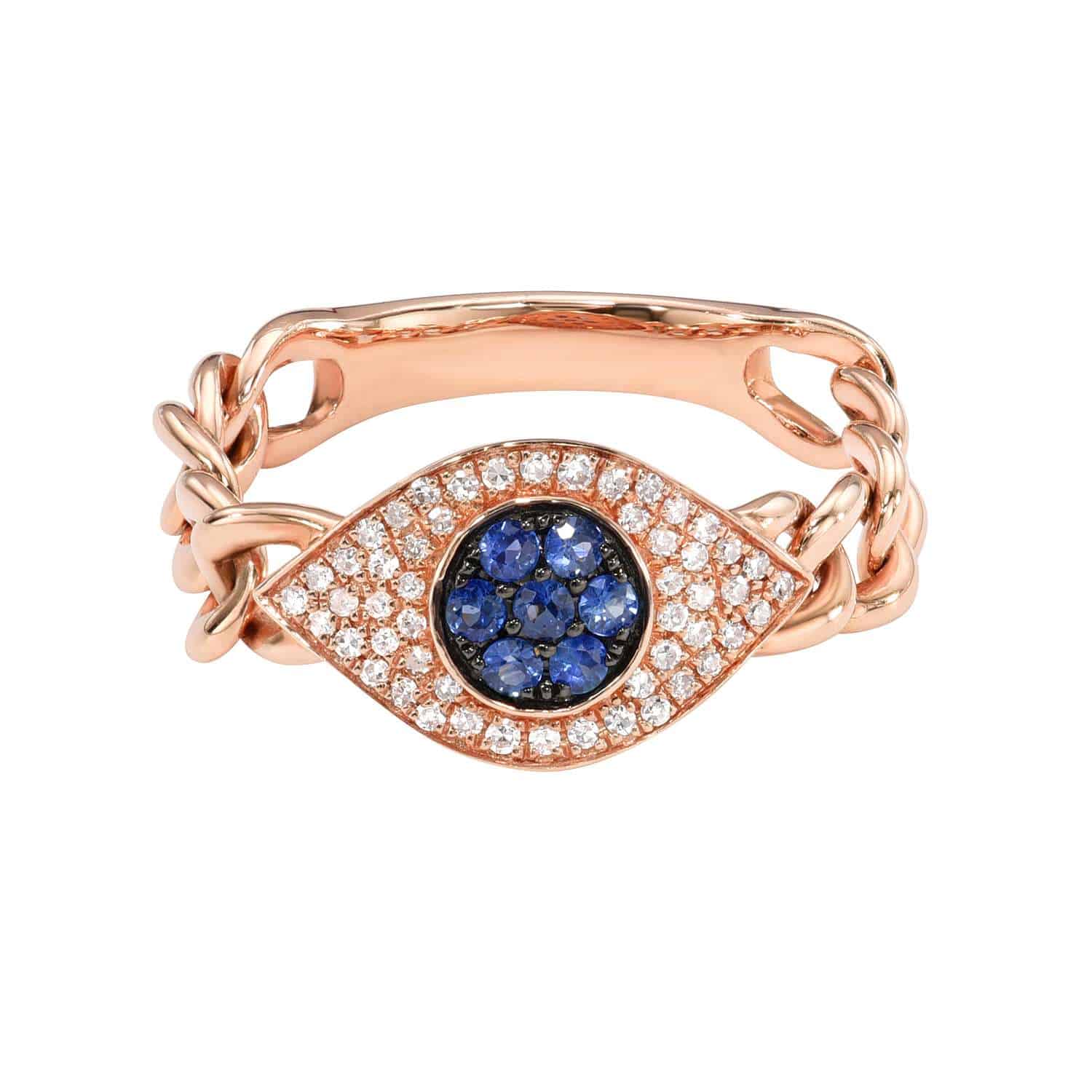 Introducing our Evil Eye Chain Ring: a rose gold ring designed with a chain band and an eye-shaped centerpiece. The center showcases sparkling blue gemstones surrounded by small clear stones, creating a truly captivating look. This unique preorder piece is available in various ring sizes—contact us for help in finding your perfect fit.