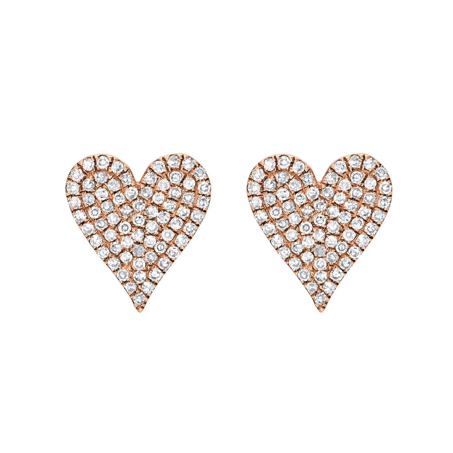 Pair of Heart Shaped Diamond Devin Studs, encrusted with small, sparkling diamonds set in rose gold. Featuring a slightly asymmetrical, stylized heart design, these earrings embody the artistry and elegance of Janet Heller Fine Jewelry’s custom creations.
