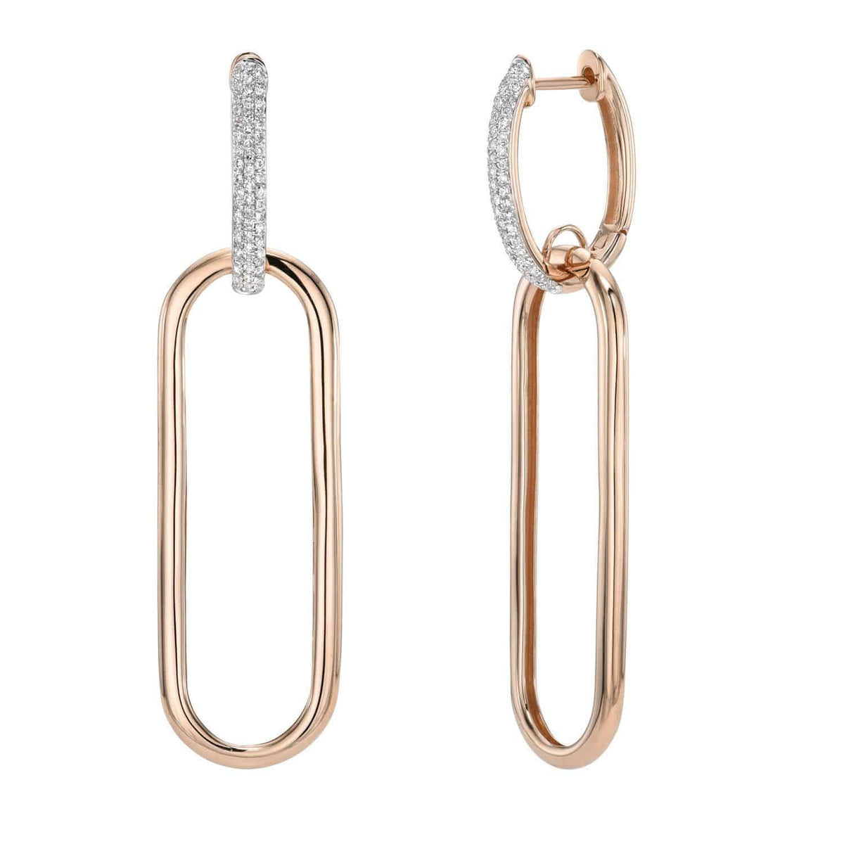 Introducing the Large Diamond Jordan Earrings from Janet Heller Fine Jewelry: a pair of gold drop earrings featuring elongated oval loops and pavé diamond accents on the upper section, beautifully displayed against a white background. For jewelry inquiries or to explore custom design options, please contact us.