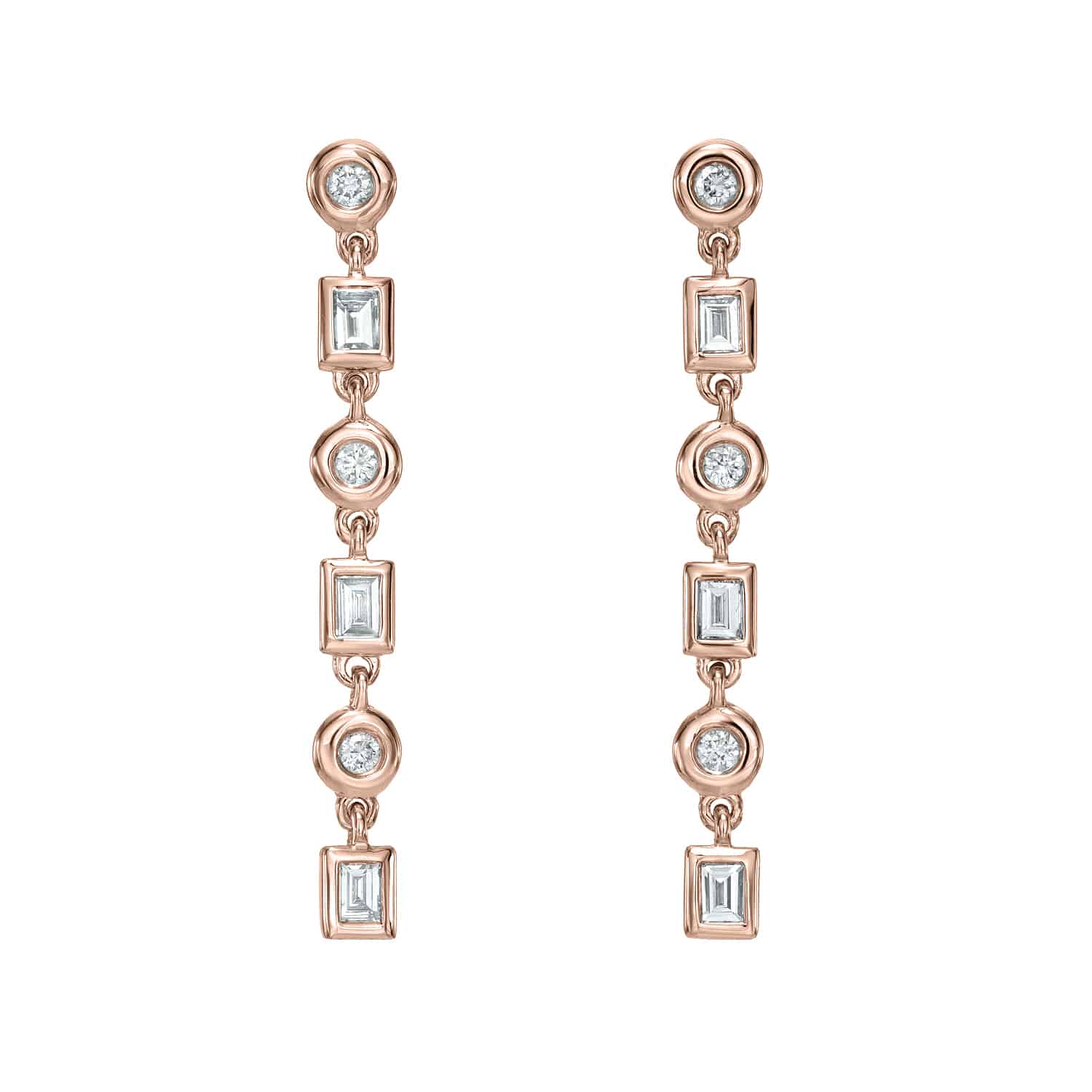 Leilani Earrings by Janet Heller Fine Jewelry—rose gold drop earrings showcasing alternating round and rectangular clear gemstones arranged vertically for a modern, elegant look. Shown on a white background, these exquisite fine jewelry earrings retail for $733 (SKU: EAR-436-R).