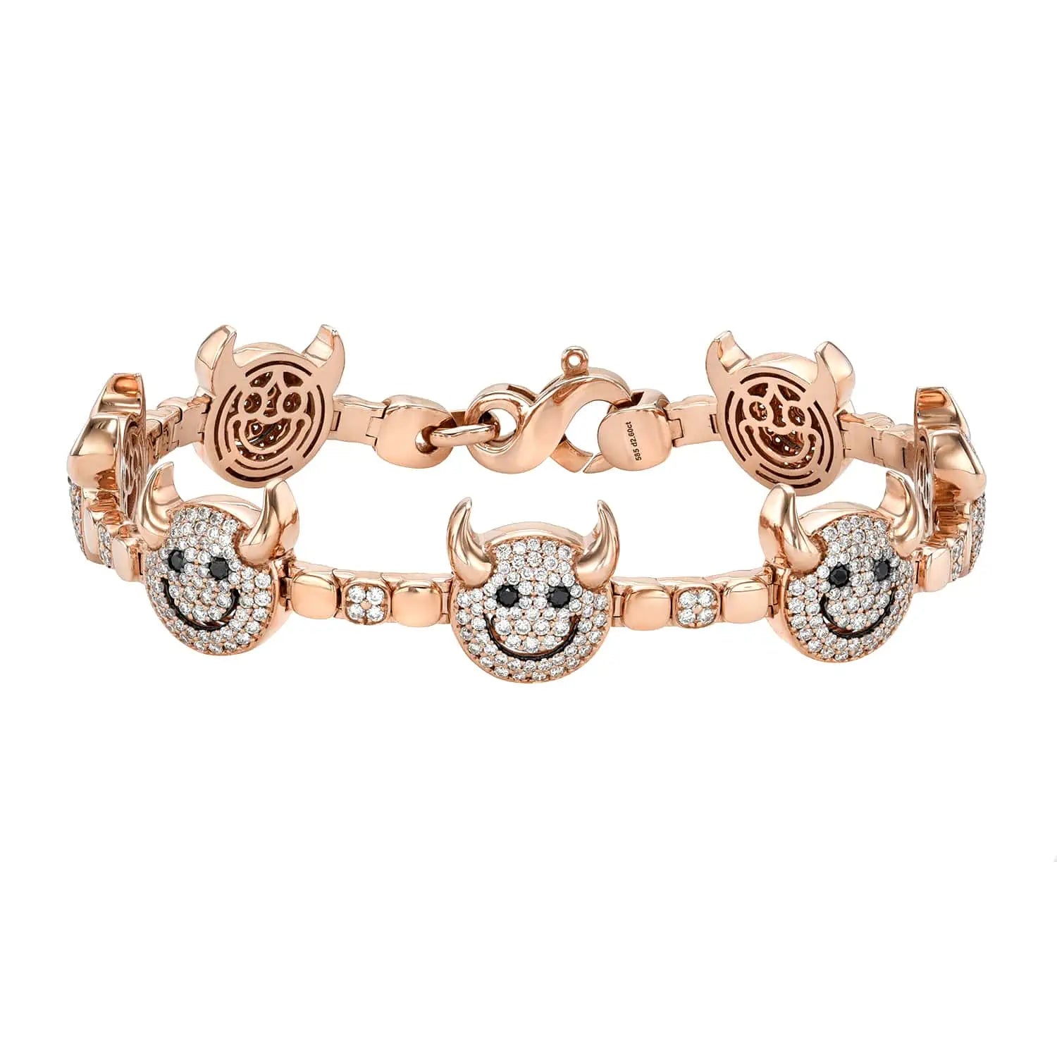 Discover the Lucky Devil Bracelet: a gold creation adorned with bull-shaped charms set with black and white gemstones. Each interlinked charm adds elegance, symbolizing fortune. Customization options let you add a personal touch to this stunning piece.
