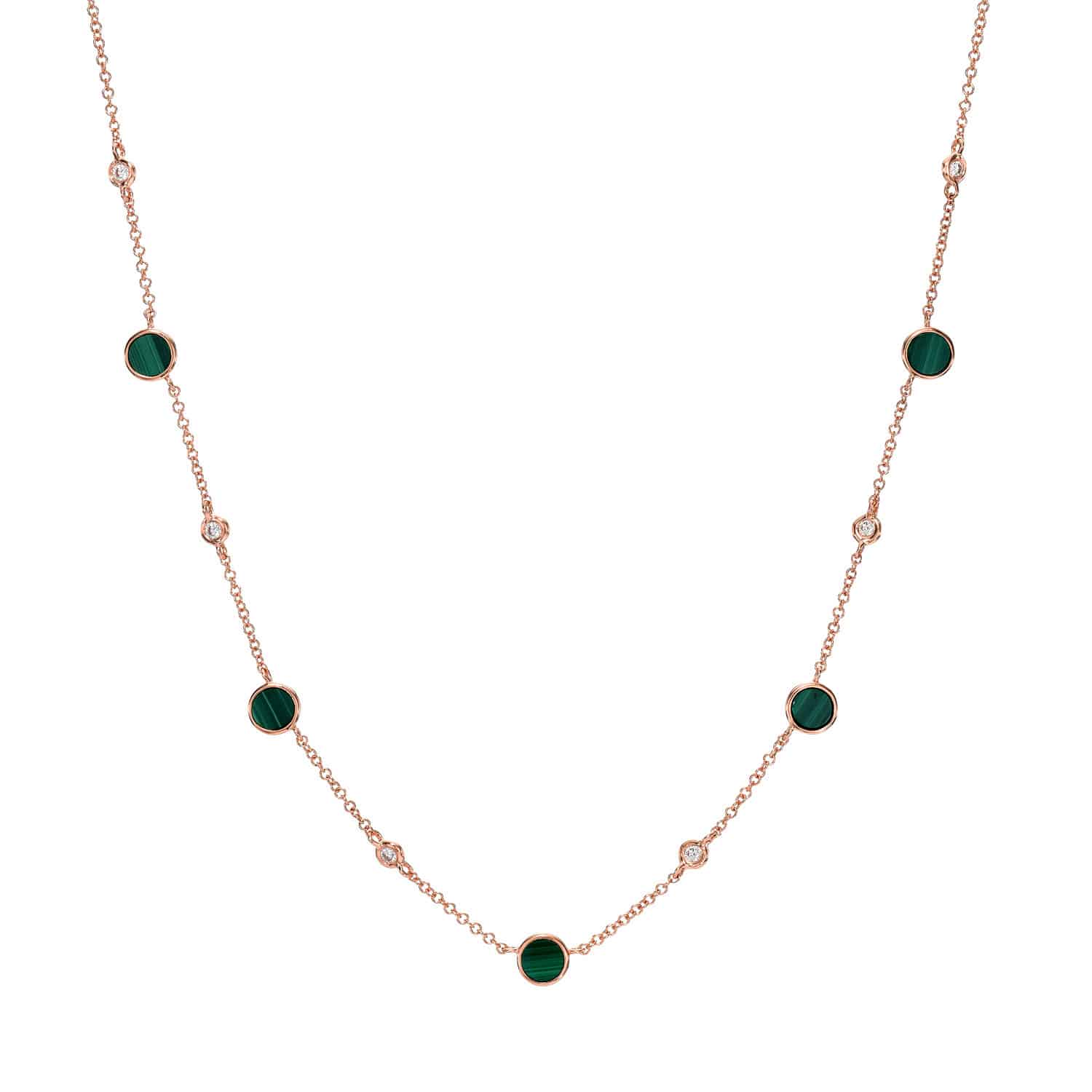 The Malachite Piper Necklace features alternating round malachite stones and petite clear crystals set in a delicate rose gold chain, beautifully displayed on a white background.