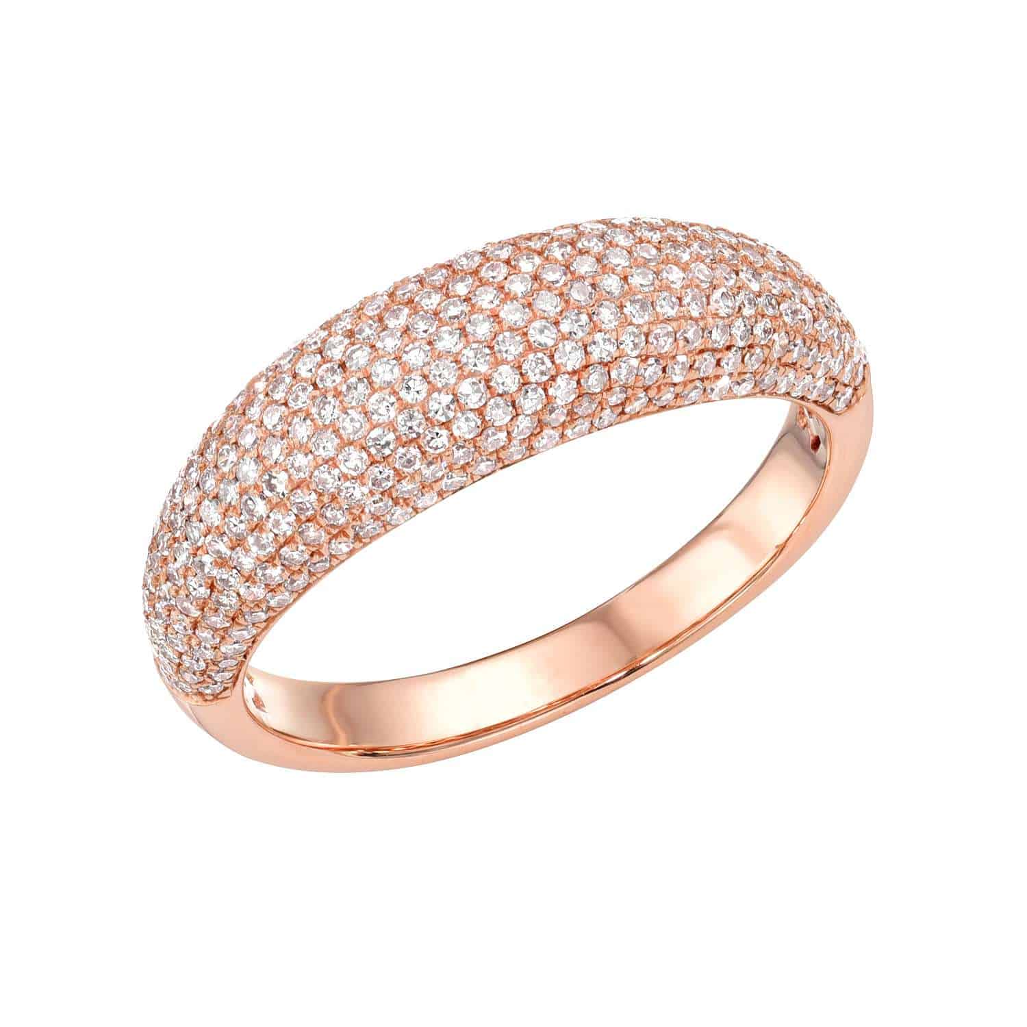 Introducing the Pave Diamond Dome Ring: a rose gold band adorned with multiple rows of shimmering, pavé-set diamonds across the top half. Available in various ring sizes, this sophisticated piece can also be customized to perfectly match your personal style.