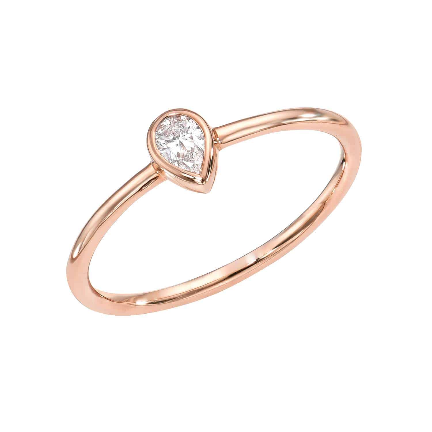 Introducing the Pear Cut Diamond Ring from Janet Heller’s fine jewelry collection—a delicate rose gold design featuring a single pear-shaped diamond set on a simple, thin band. This timeless piece is available for preorder.