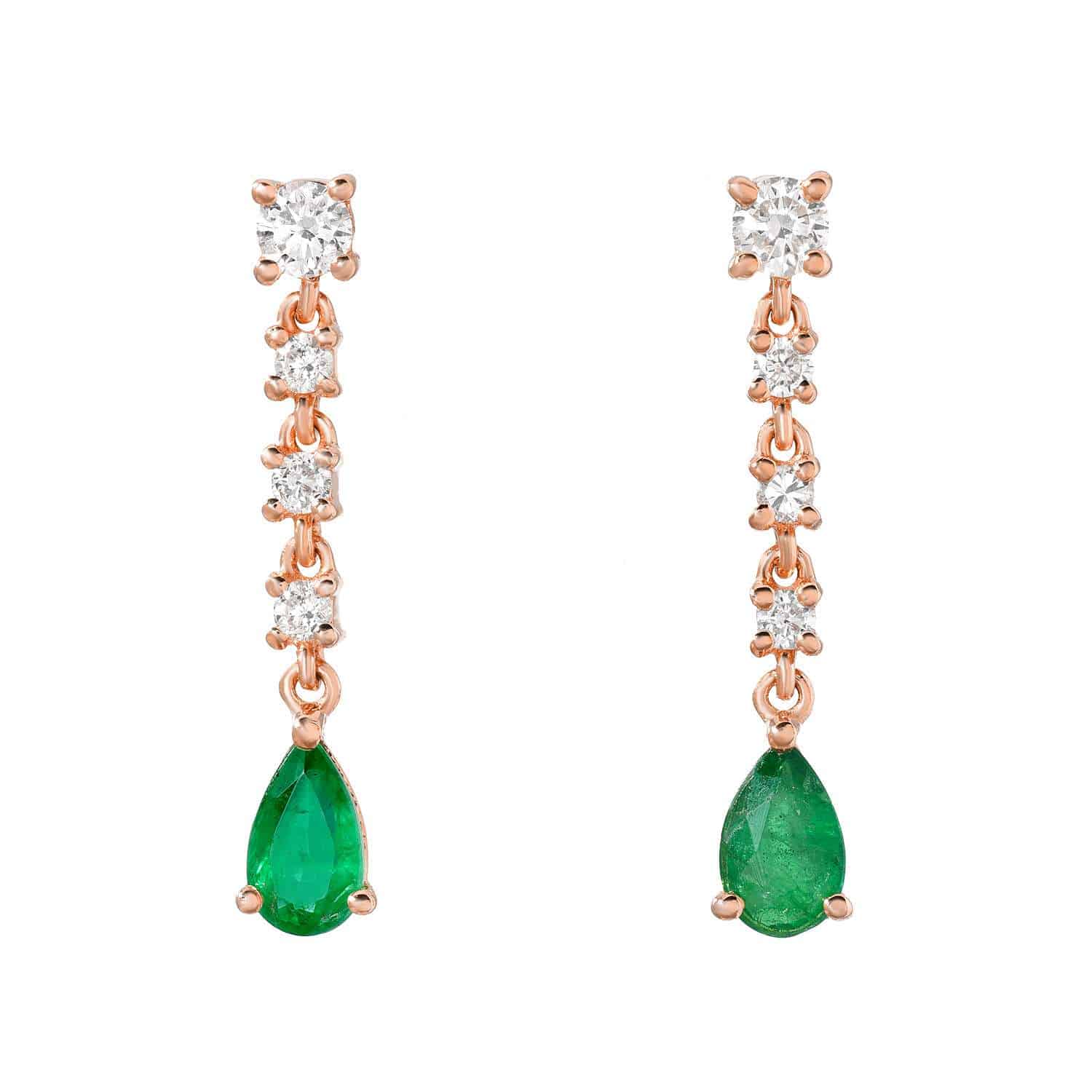 Introducing the Pear Emerald Drop Earrings: a pair of exquisite drop earrings featuring three round white diamonds set in rose gold, each finishing with a captivating pear-shaped green emerald—an elegant custom creation by Janet Heller Fine Jewelry.