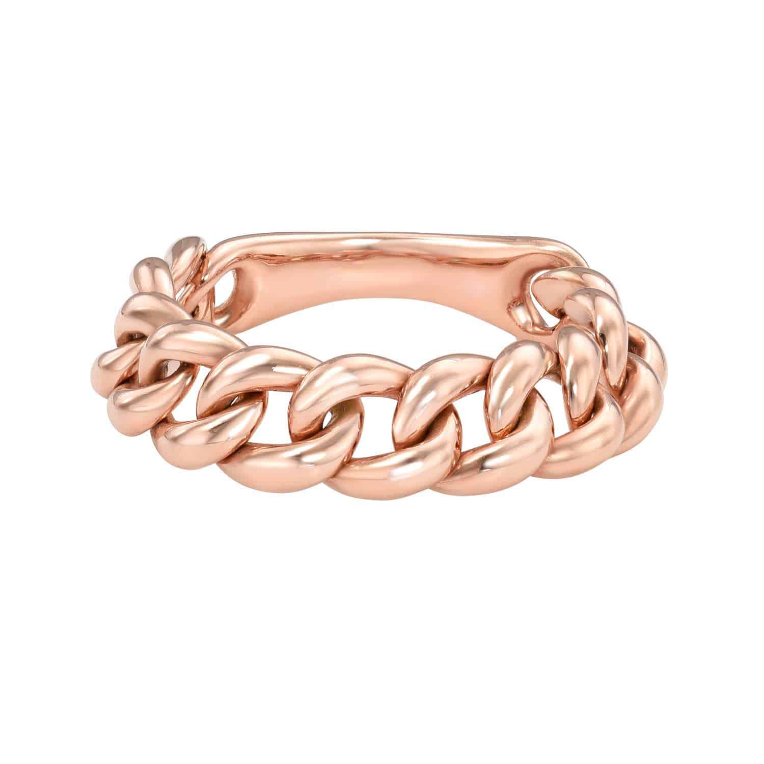 The Plain Small Cuban Link Ring by Janet Heller Fine Jewelry features a smooth, polished rose gold chain-link design with a subtly squared band at the top and is available for preorder in your preferred ring size.