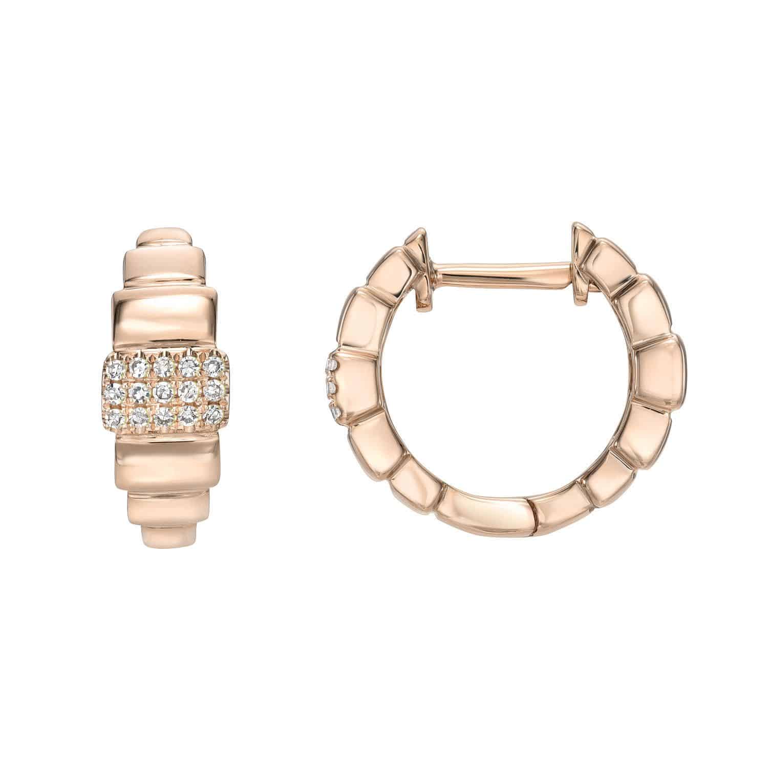 Rectangular Cascade Huggies from Janet Heller Fine Jewelry, shown in both front and side views on a white background—these rose gold hoops feature a textured design and a central band encrusted with small, sparkling clear stones, embodying striking elegance.