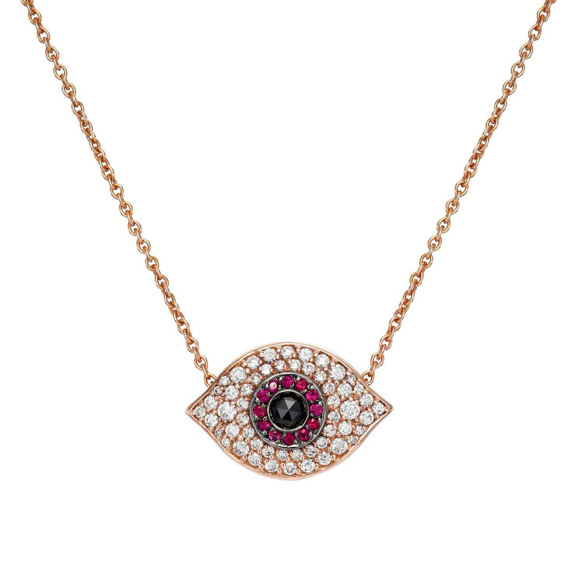 Ruby & Diamond Evil Eye Necklace featuring an eye-shaped pendant adorned with white diamonds and red rubies, as well as black stones, on a gold chain.