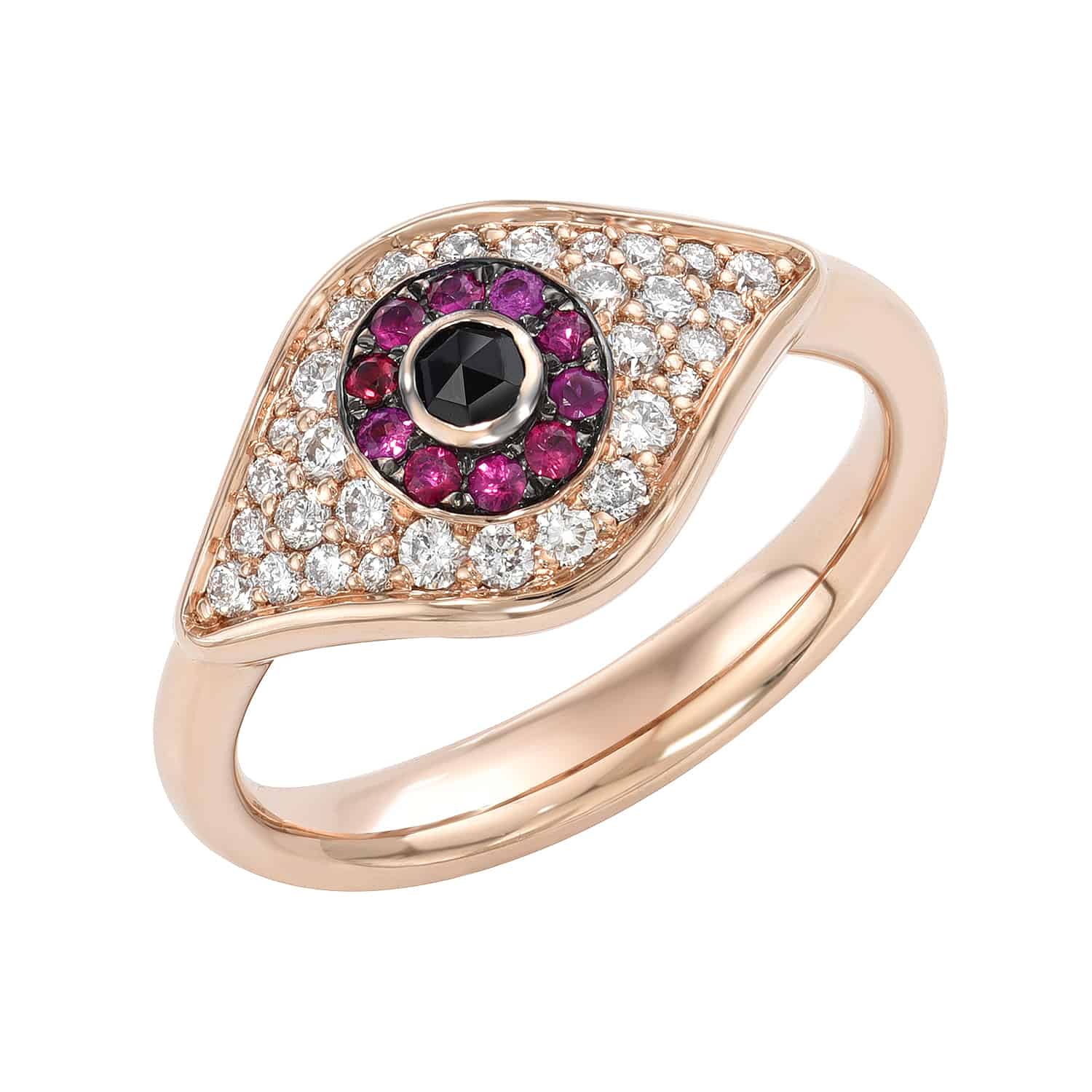 The Ruby Evil Eye Pinkie Ring by Janet Heller features a marquise-shaped setting in gleaming rose gold, showcasing a striking central black gem embraced by delicate pink stones and an outer halo of clear diamonds on a polished band—an elegant testament to fine jewelry craftsmanship. Available now for preorder.