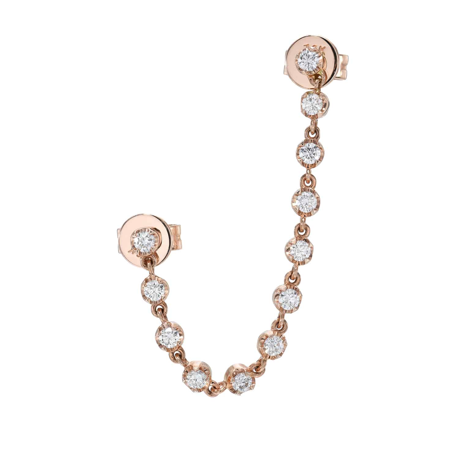 Presenting the Two Hole 12 Diamond Esme Stud: a rose gold double stud earring from Janet Heller Fine Jewelry, connected by a delicate chain set with twelve evenly spaced round white diamonds—an exquisite example of fine craftsmanship.