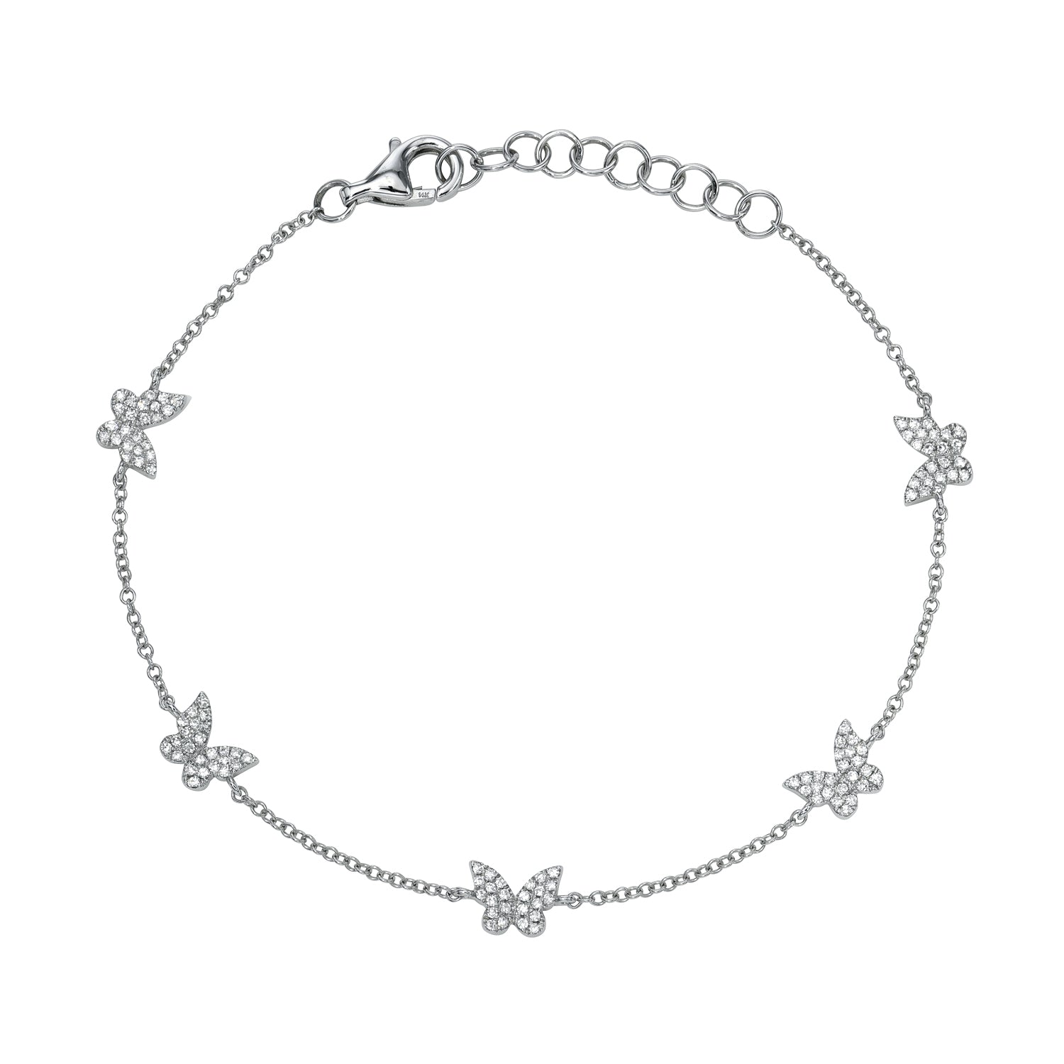 The 5 Diamond Butterfly Bracelet is a silver piece featuring butterfly charms with small crystals. Its thin chain has five evenly spaced butterflies and an adjustable clasp with extra links for sizing. Contact us for inquiries or customizations!.