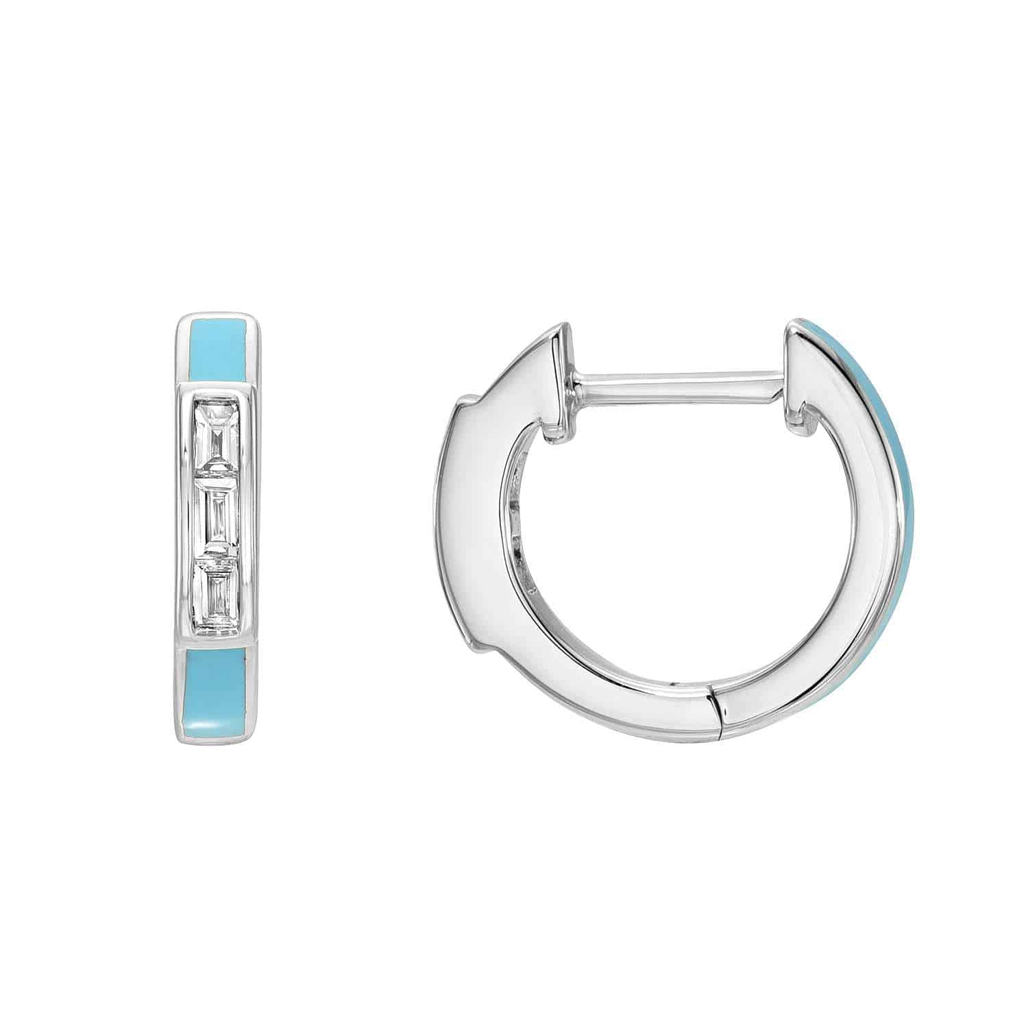 A pair of Baguette Diamond Enamel Huggies in silver, each showcasing a turquoise enamel inlay and three vertically set rectangular clear gemstones on the front. One earring is displayed from the front, while the other is shown from the side.