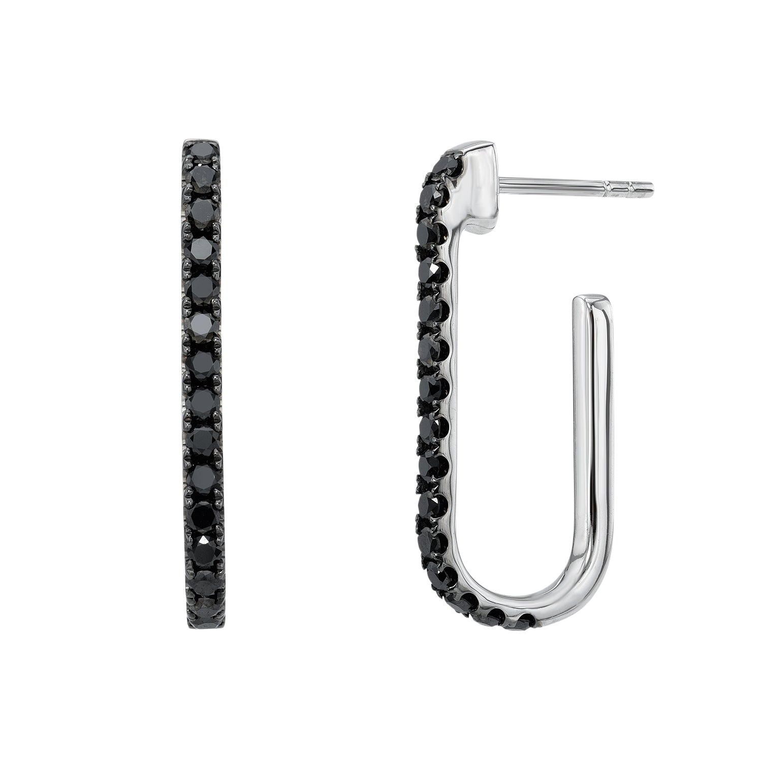 Two stunning earrings are showcased in side and front views: the Black Diamond Mini Alice Earrings from Janet Heller Fine Jewelry. These silver hoops, adorned with small black stones, highlight the brands sleek and elegant design.